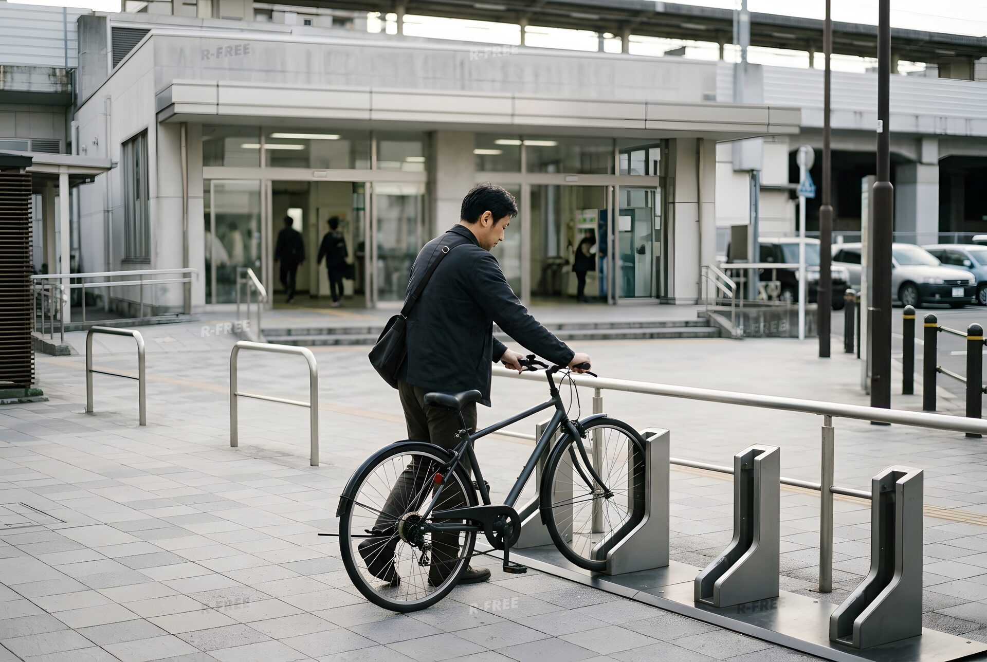 駅前のポートに自転車を返す男性
