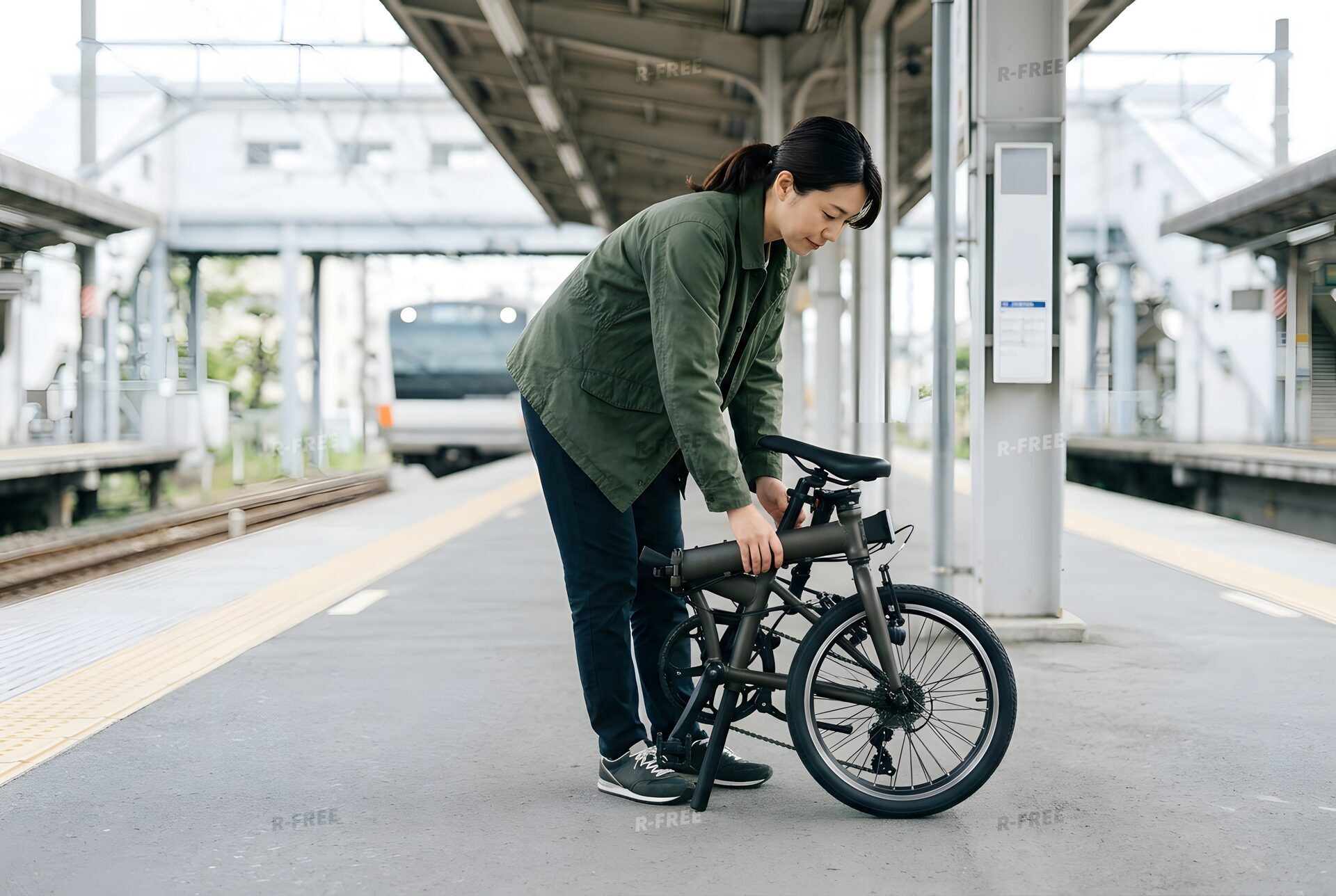 駅のホームで折りたたみ自転車を畳む女性