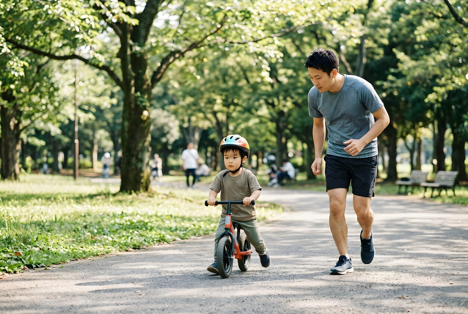 ストライダーで走る男の子と父親