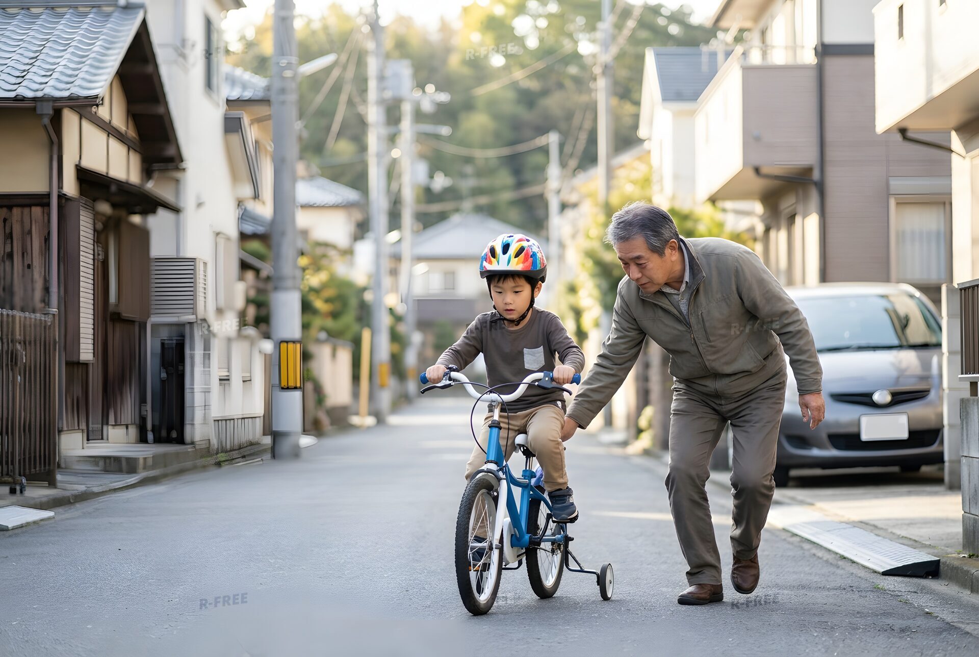 補助輪付きの自転車に乗る男の子と祖父