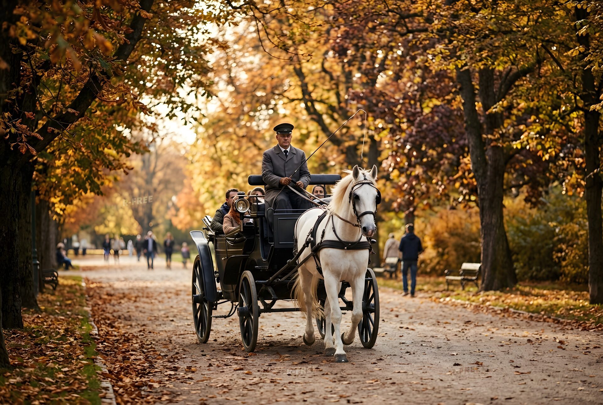 紅葉の並木道を進む馬車