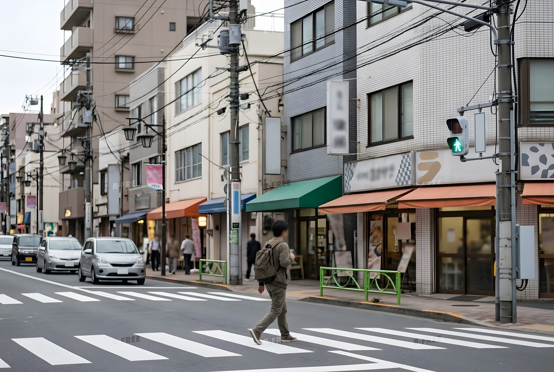 青信号の横断歩道を渡る人