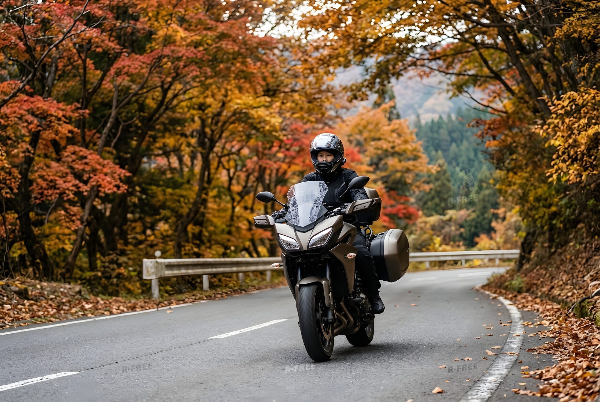 紅葉の山道を走るツーリングバイク