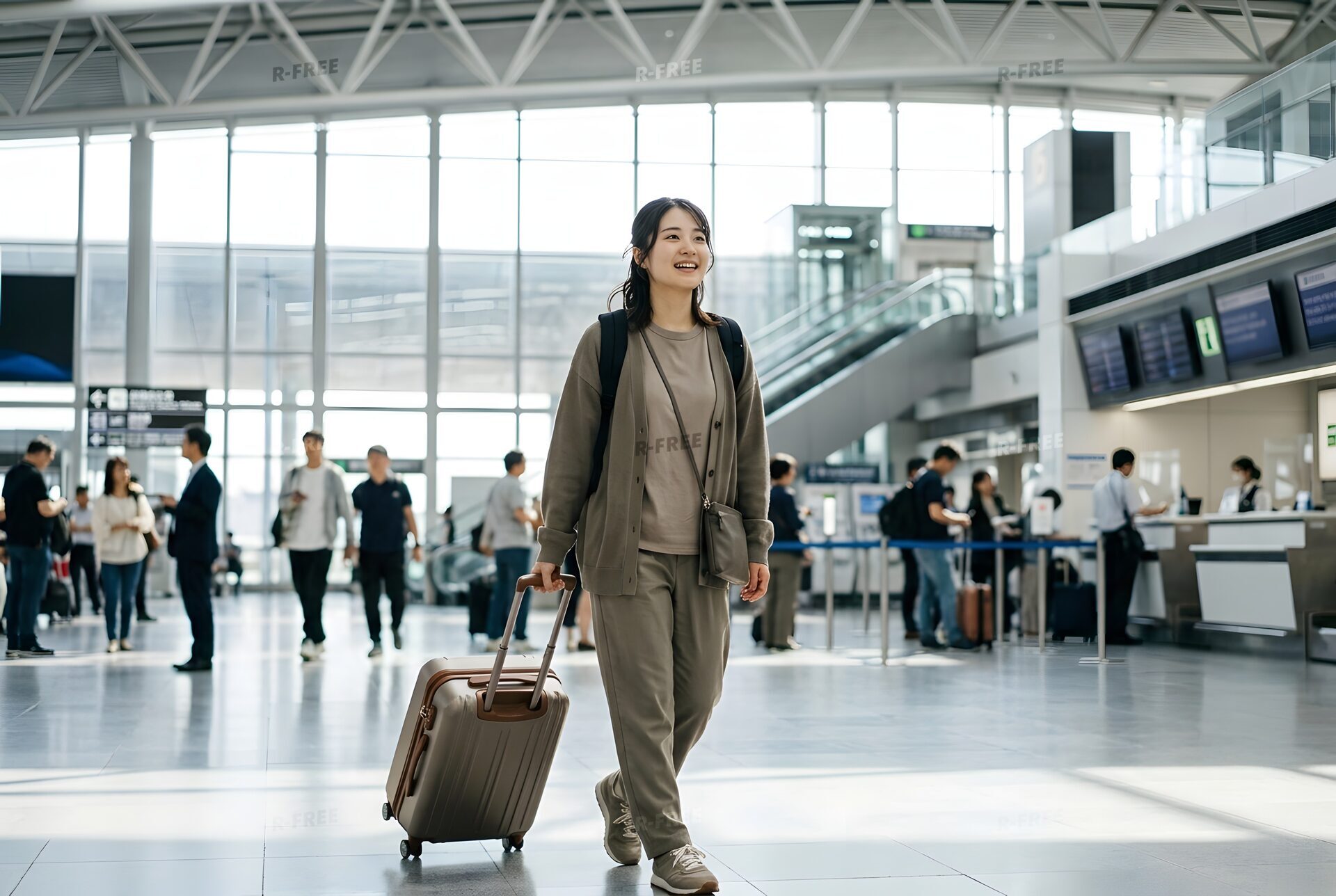 スーツケースを引いて空港を歩く留学生