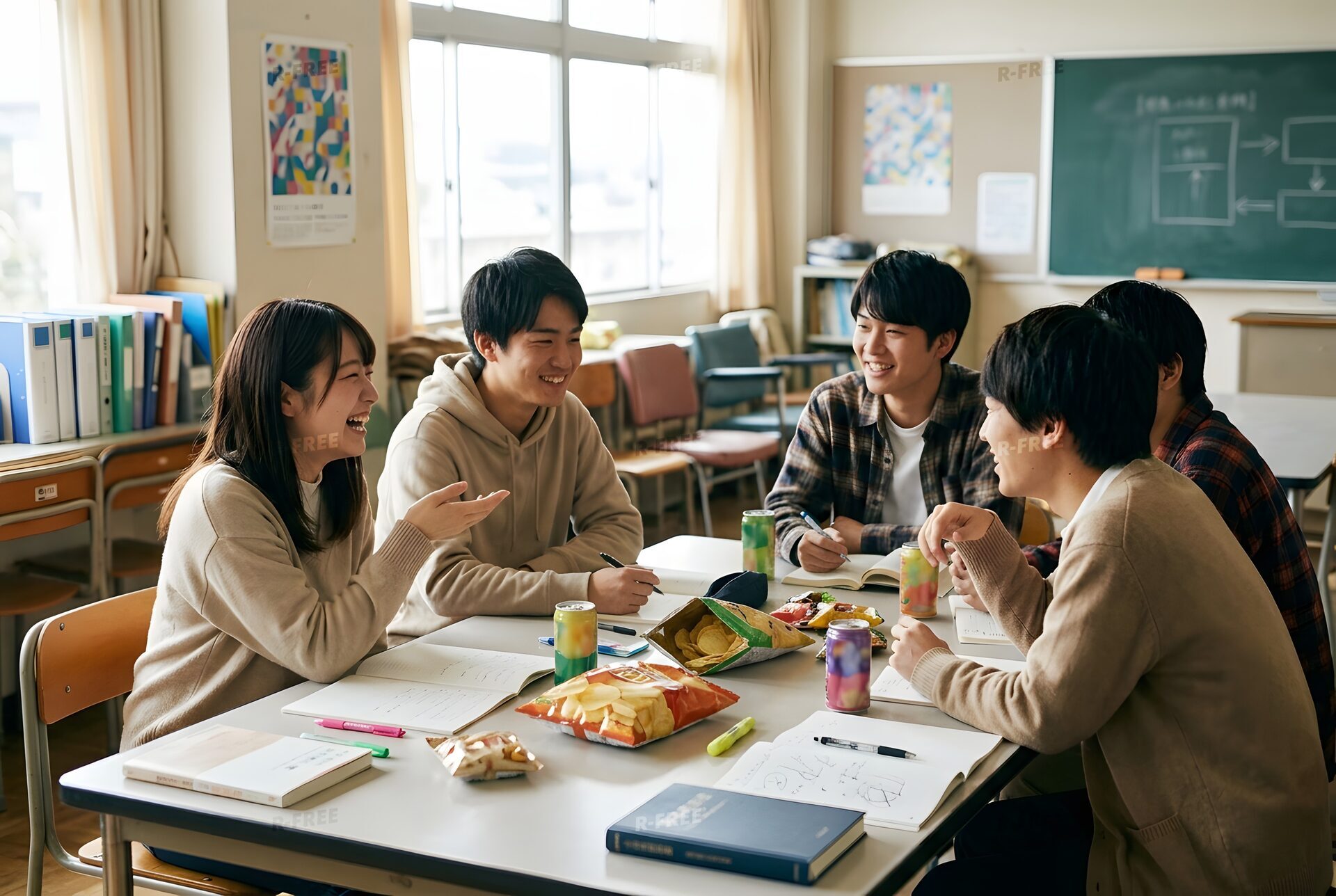 部室で談笑するサークルの学生たち