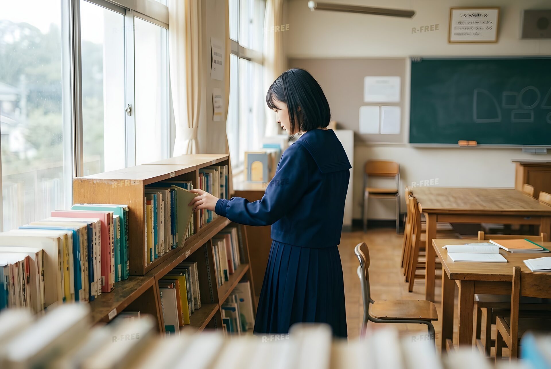 本棚の前で本を選ぶ女子生徒