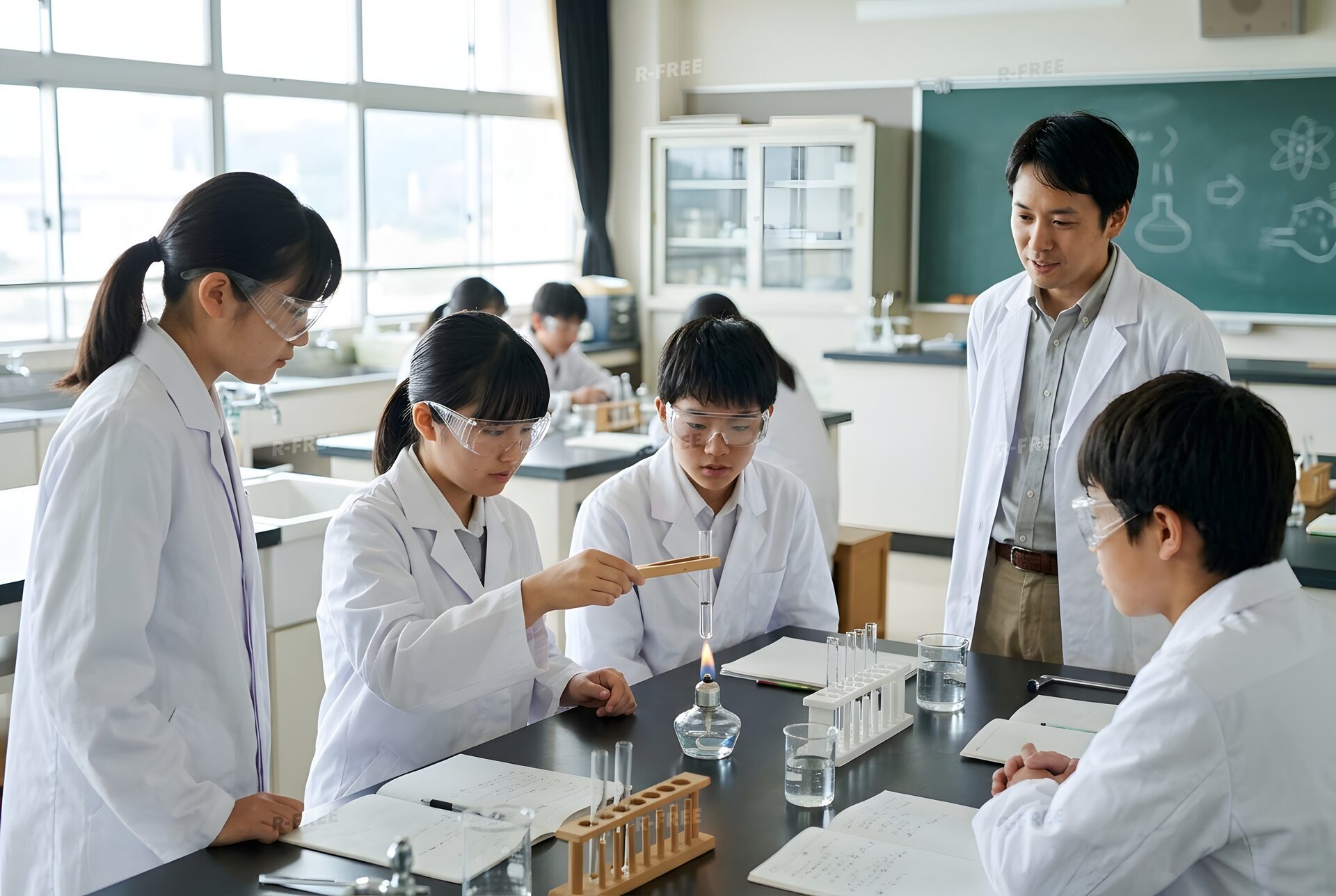 安全メガネで実験する中学生たち