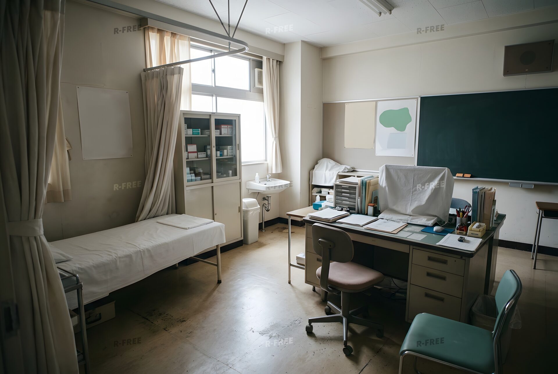 ベッドと薬棚のある保健室