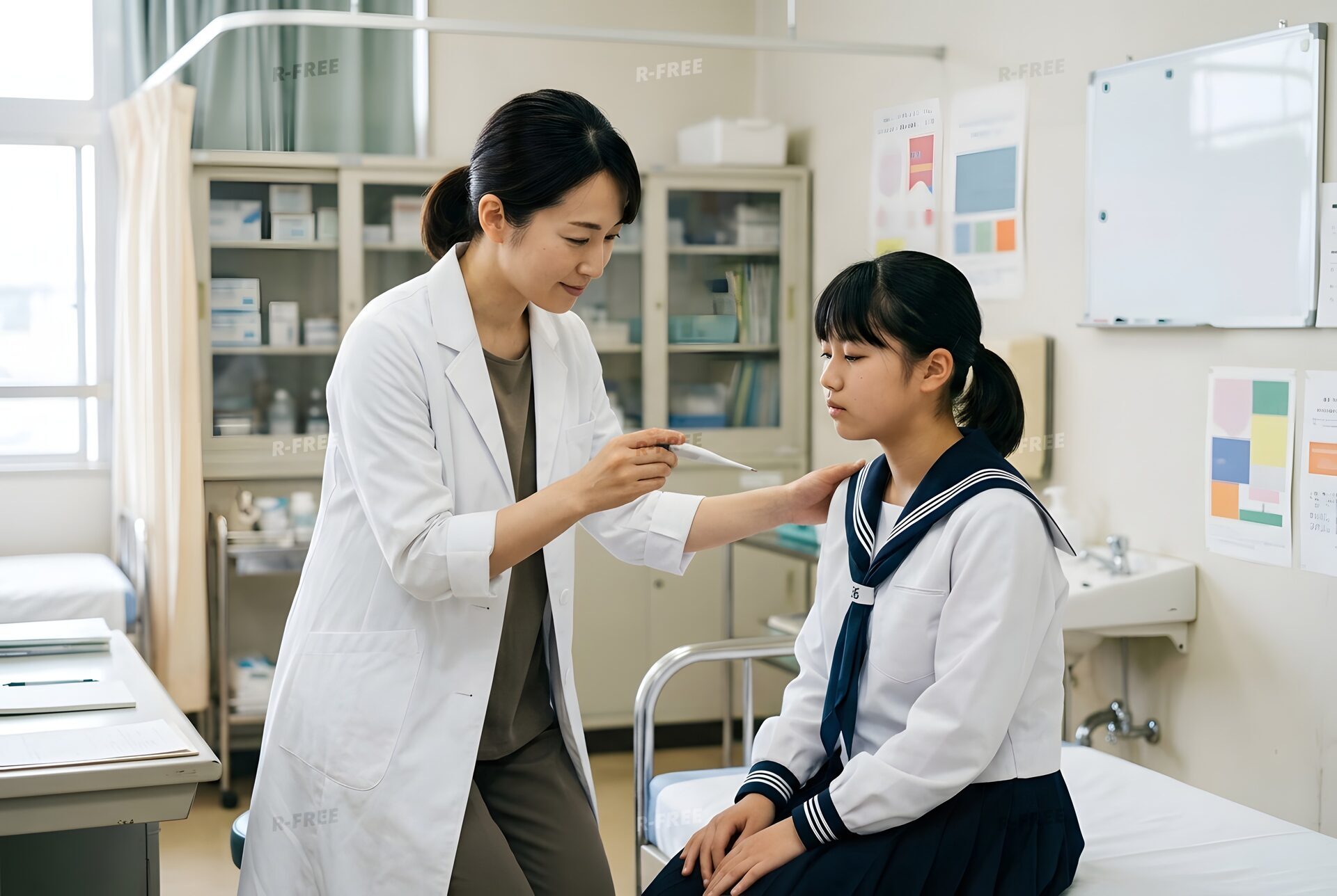 体温を測る養護教諭と生徒