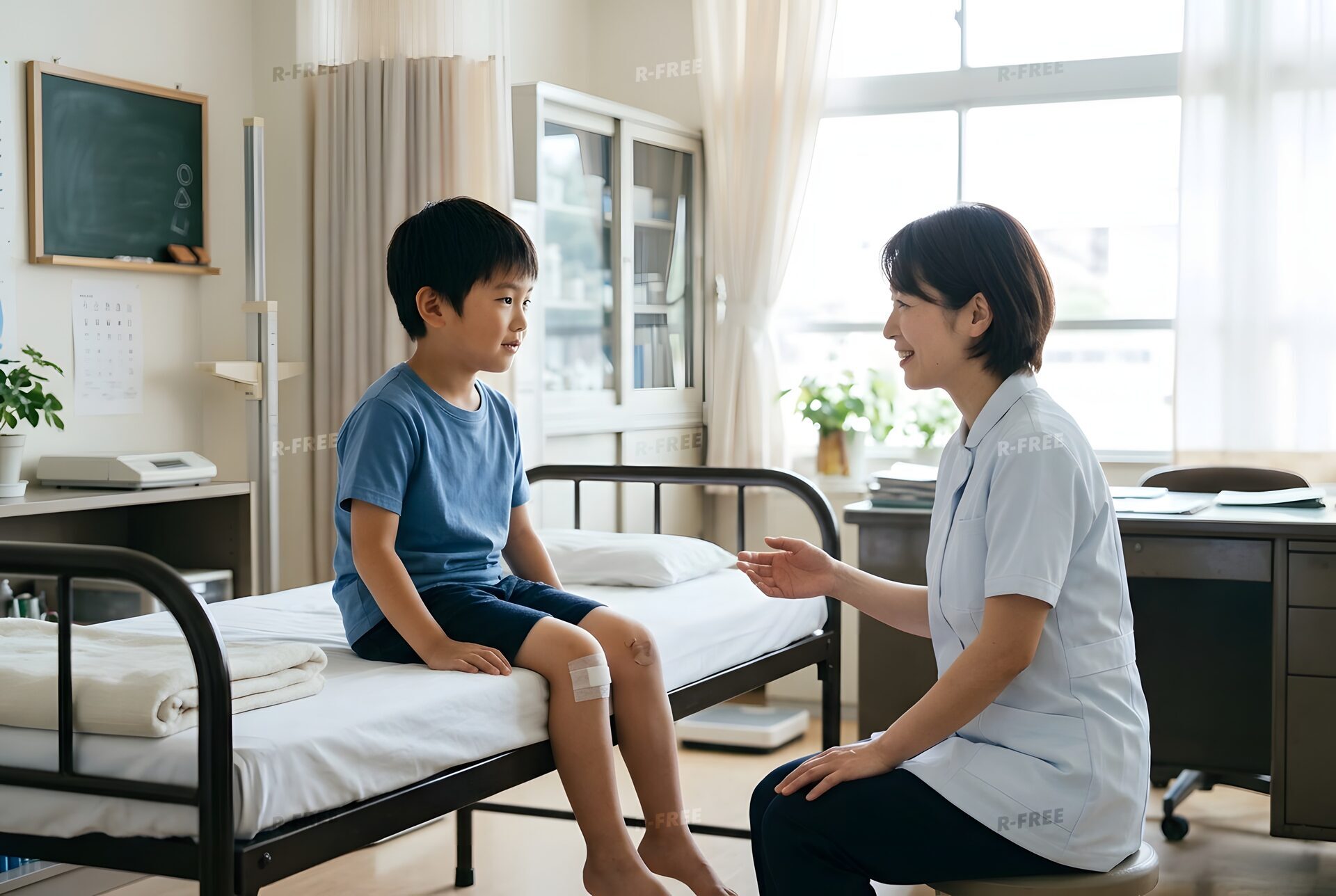 膝に絆創膏を貼ってもらう男の子