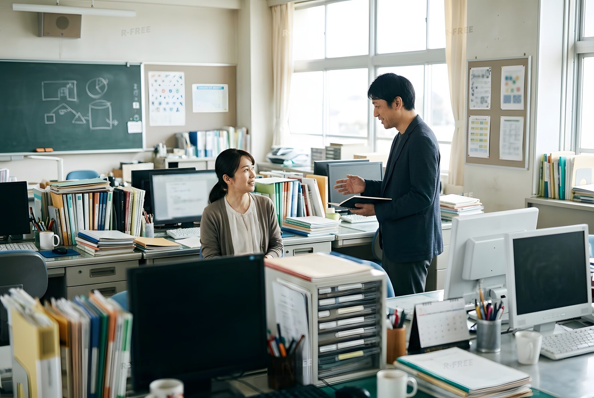 机が並ぶ職員室で話す先生たち