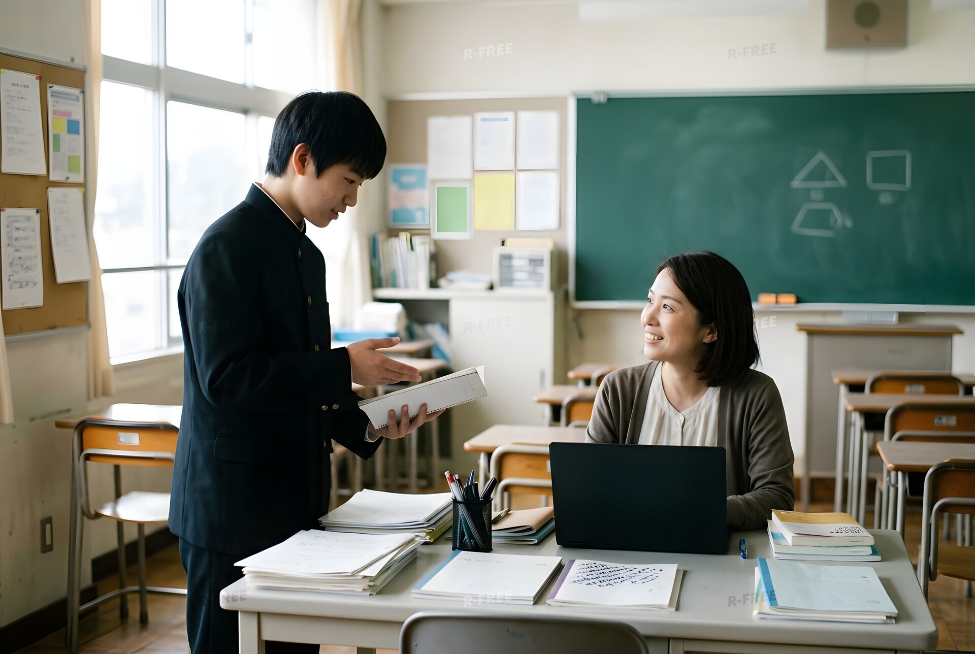 先生に質問する高校生