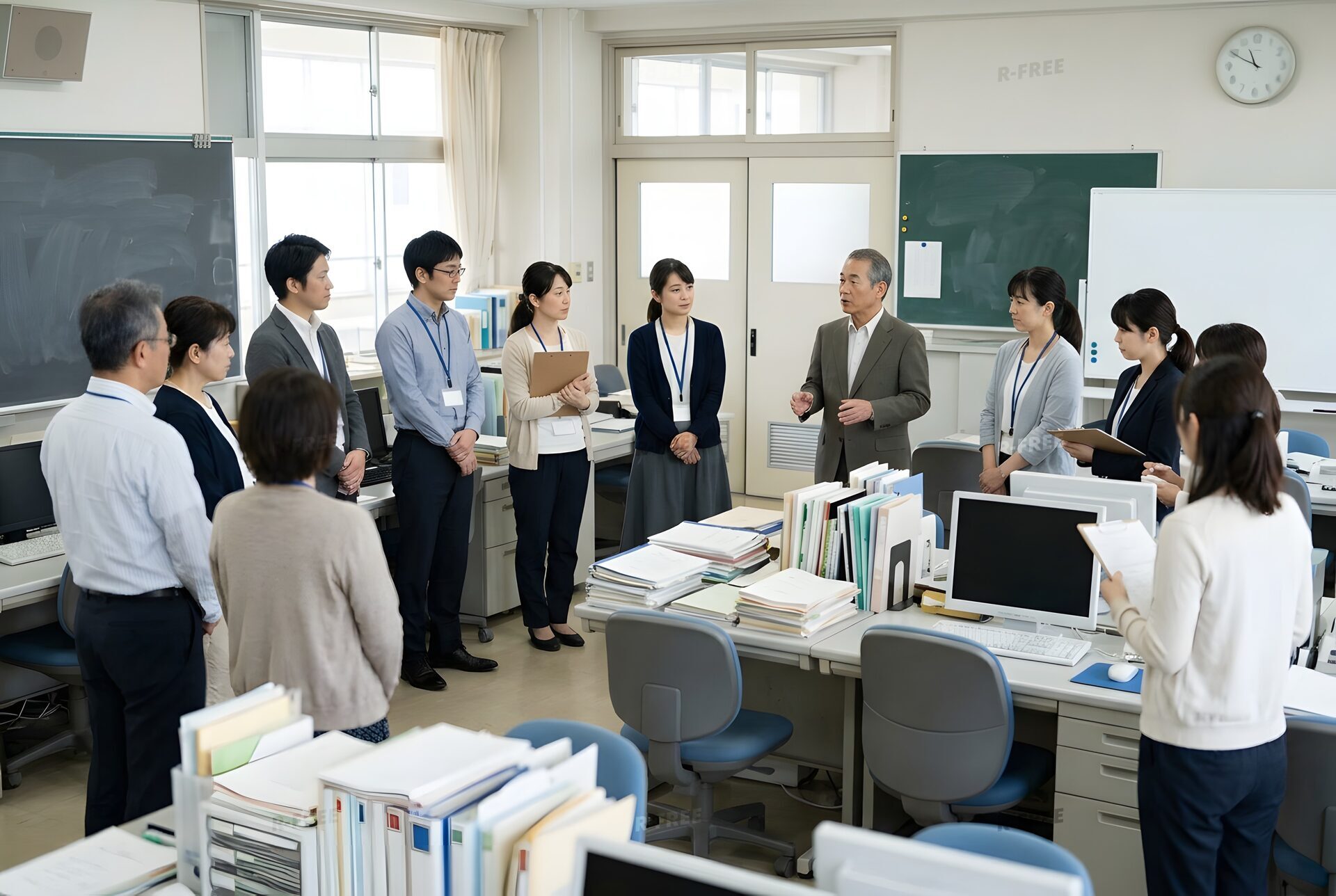 職員室で朝礼をする先生たち