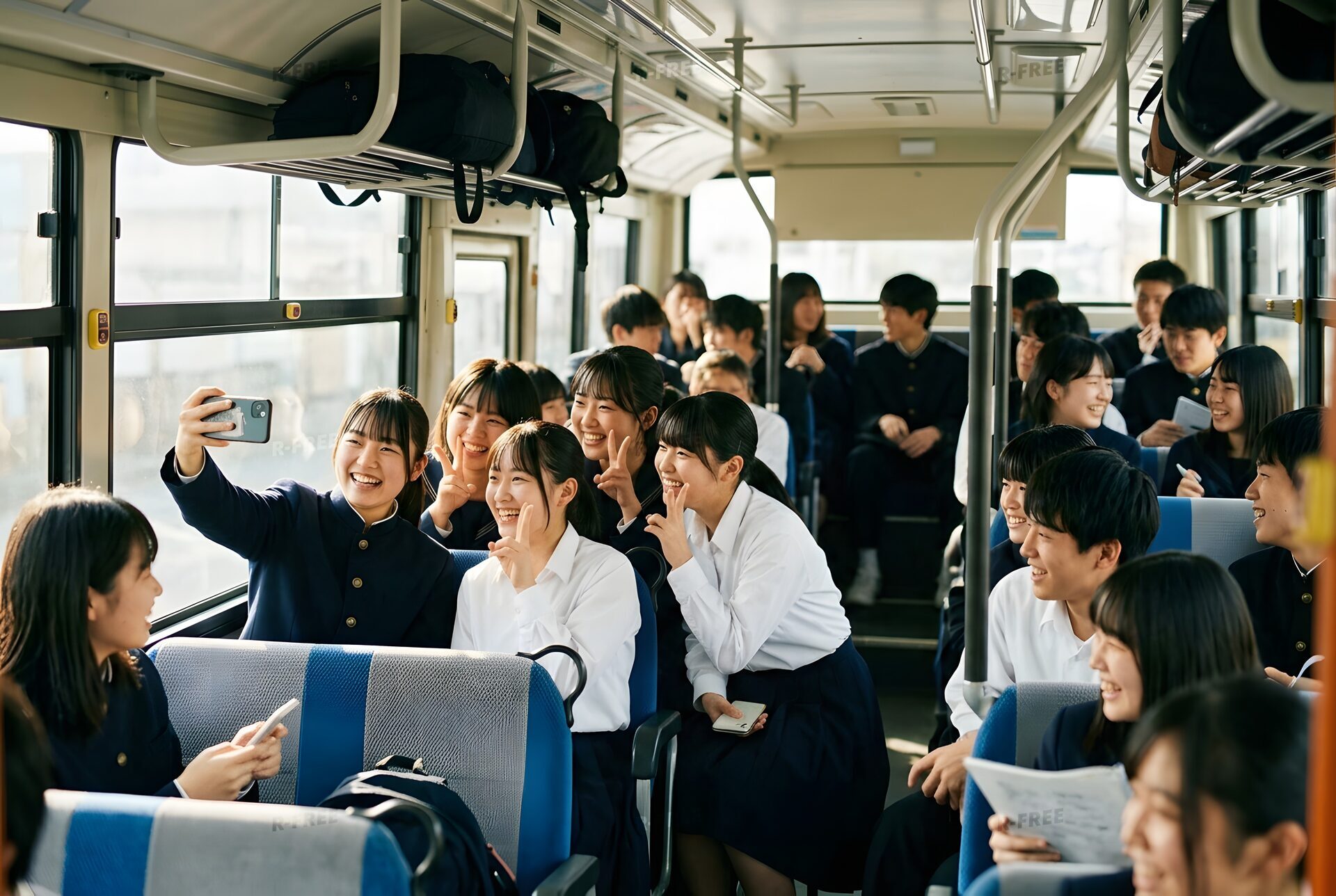 バスの車内で盛り上がる修学旅行の高校生