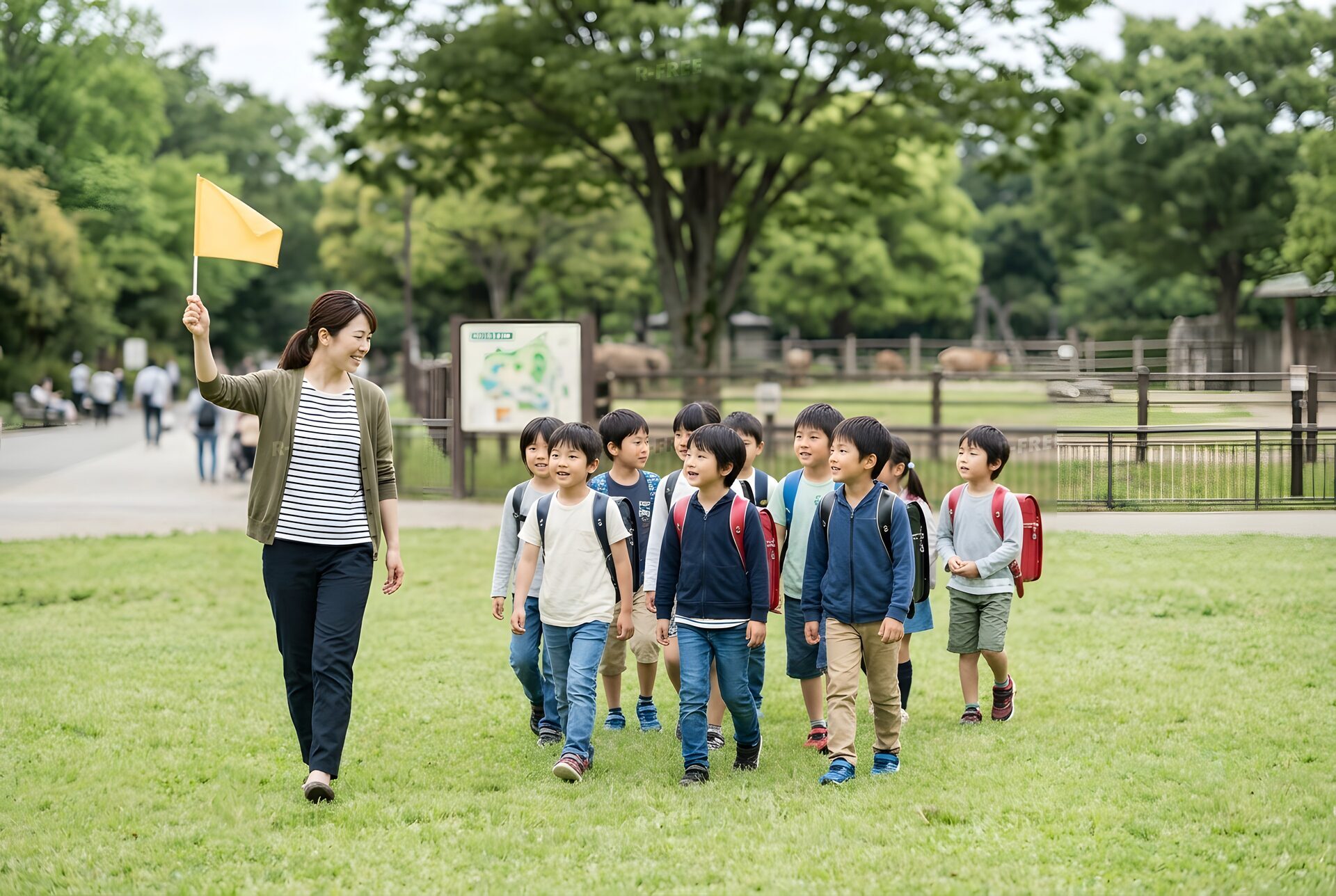 旗を持って子どもたちを引率する先生