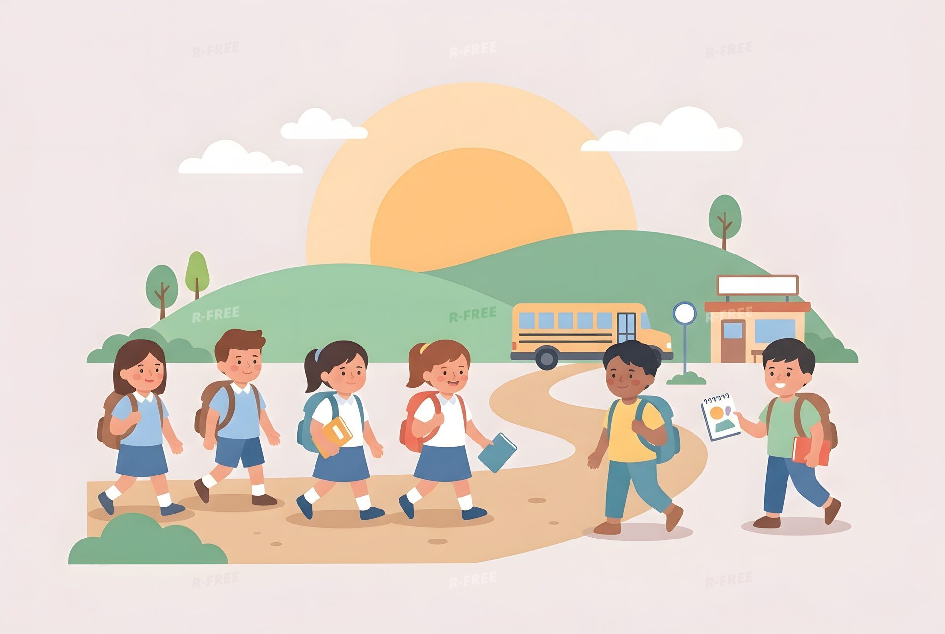 遠足に出かける子どもたちのイラスト