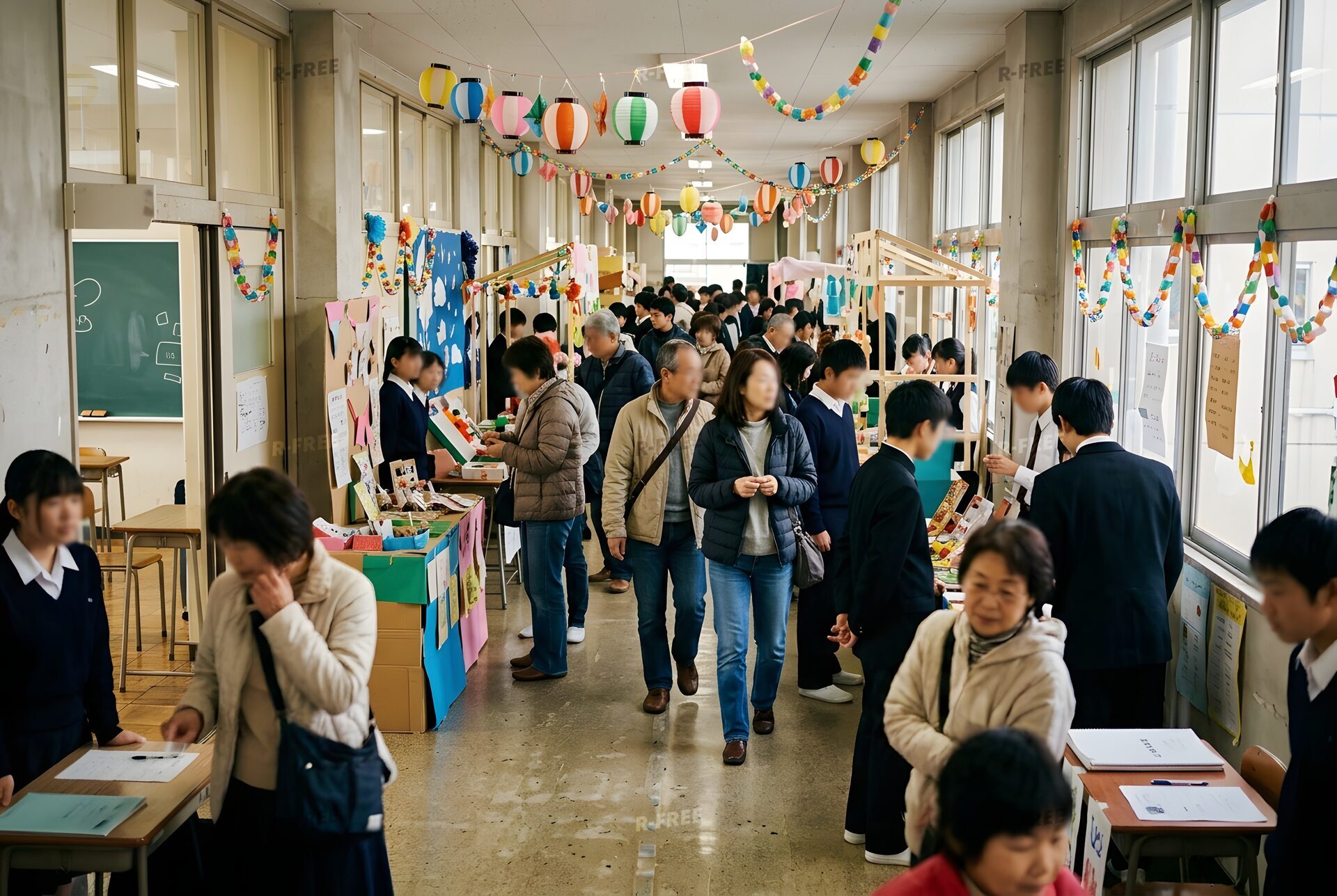 飾り付けで彩られた文化祭の廊下