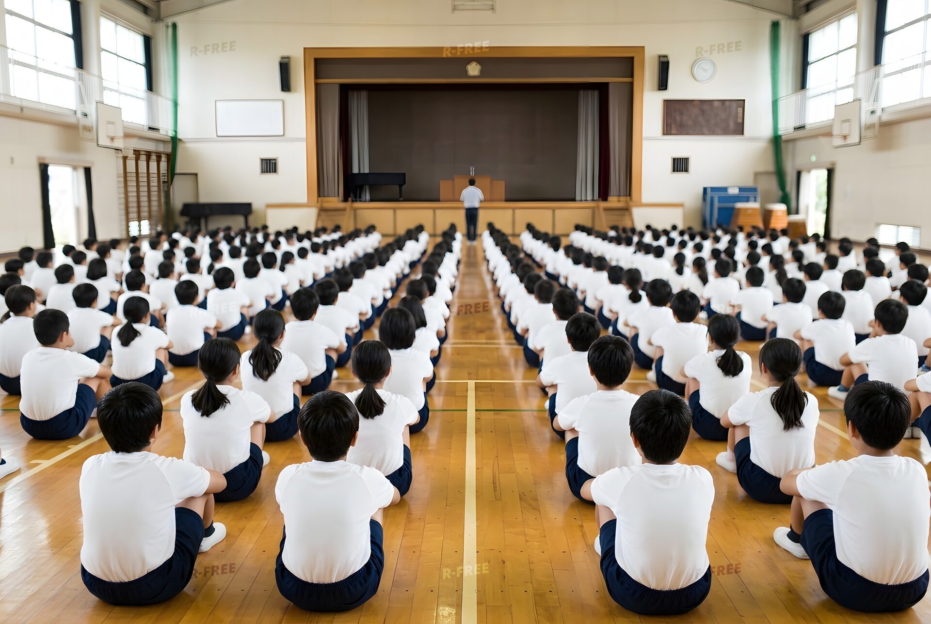 体育館に整列して座る始業式の子どもたち