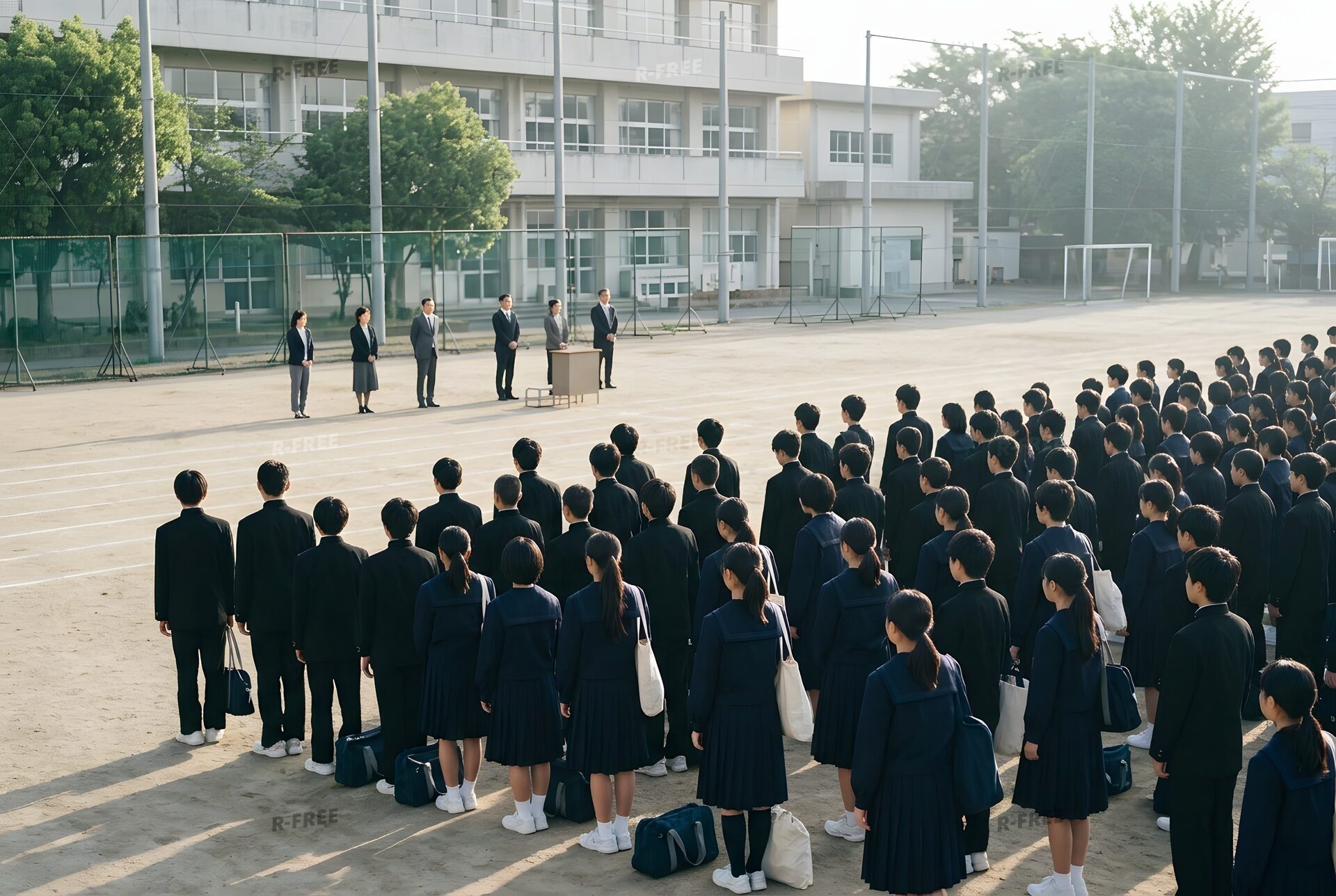校庭に並んで朝礼を聞く中学生たち