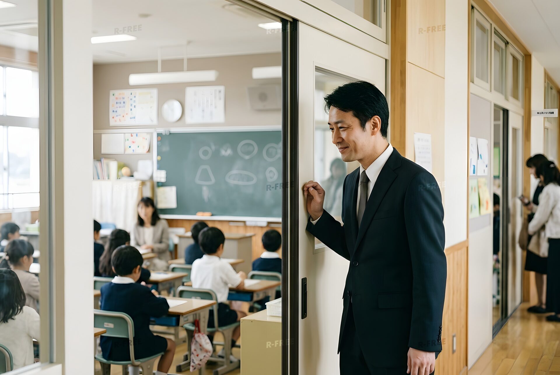 教室の入口から我が子を見守る父親