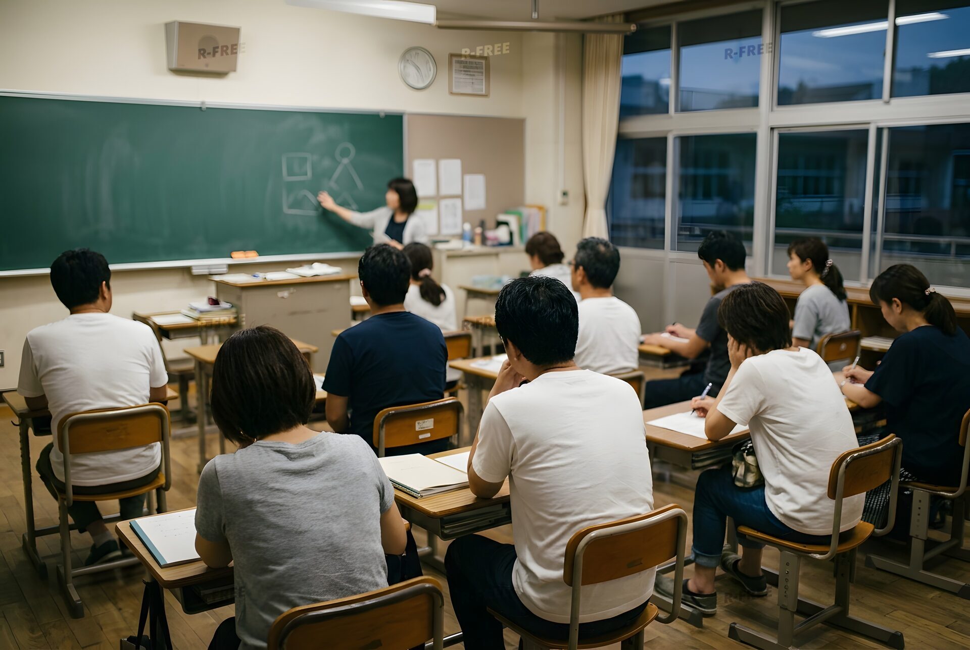 教室の椅子に座って先生の話を聞く保護者たち