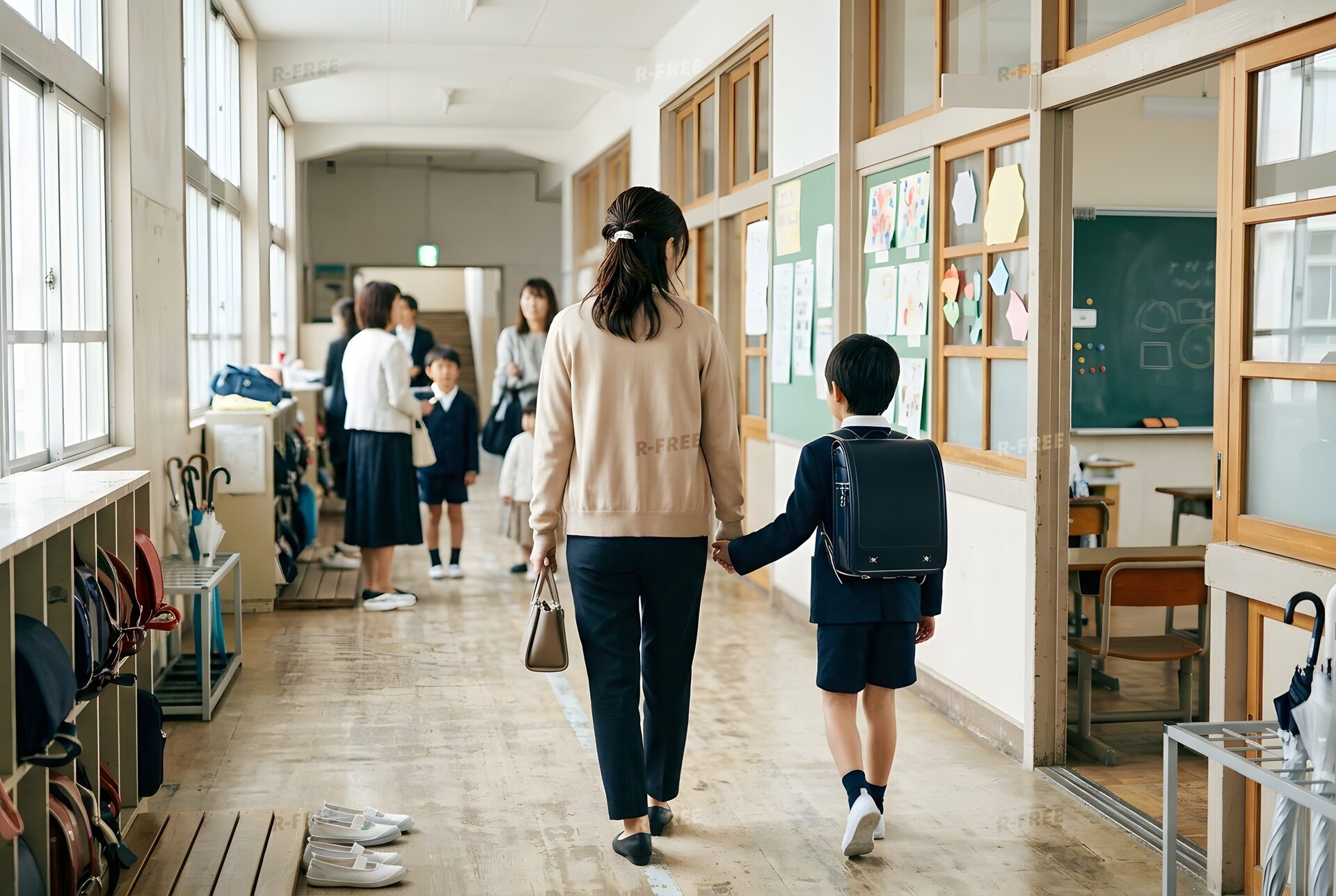 授業参観で廊下を歩く母と息子