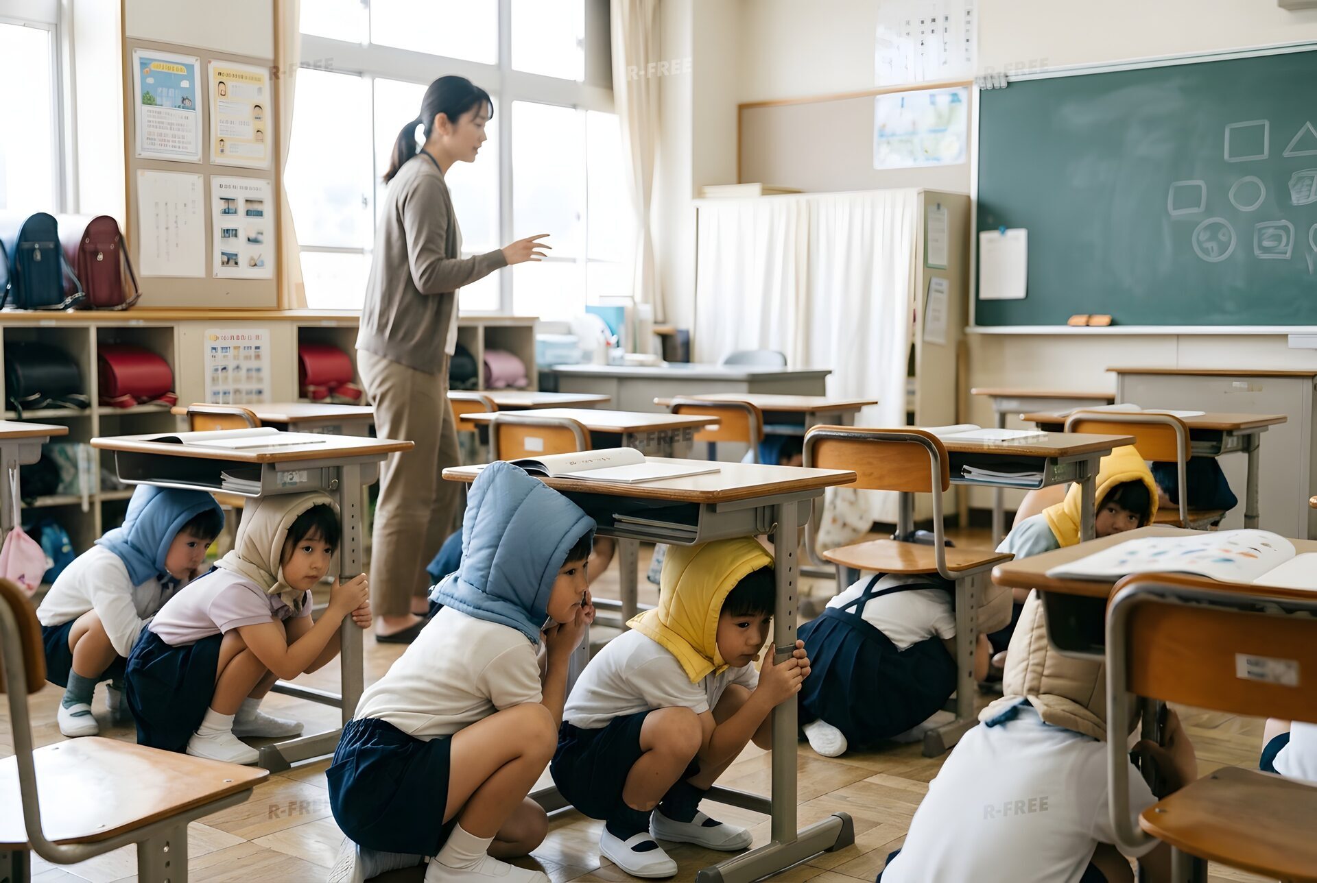 防災頭巾をかぶって机の下に隠れる子どもたち