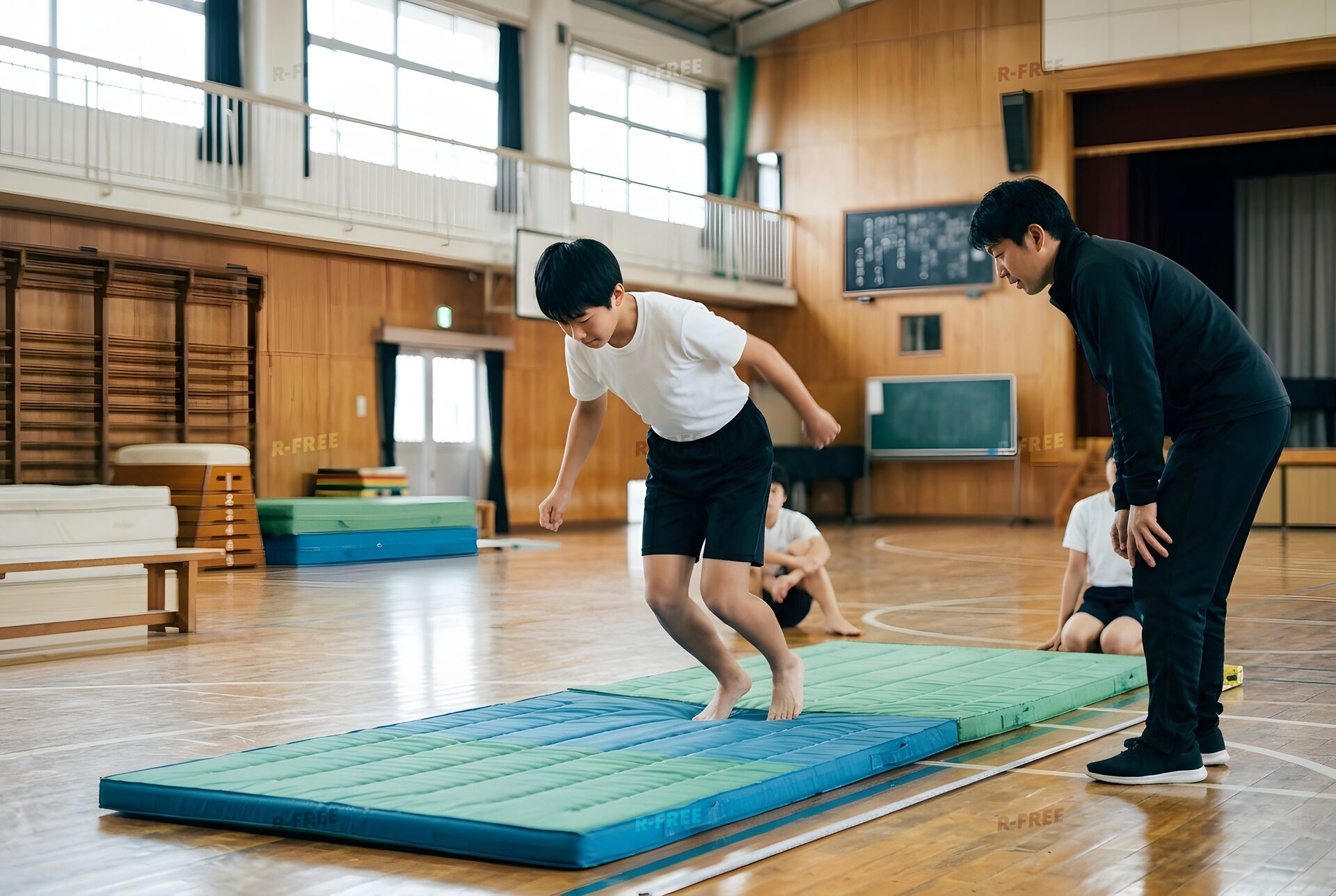立ち幅跳びをする男子生徒