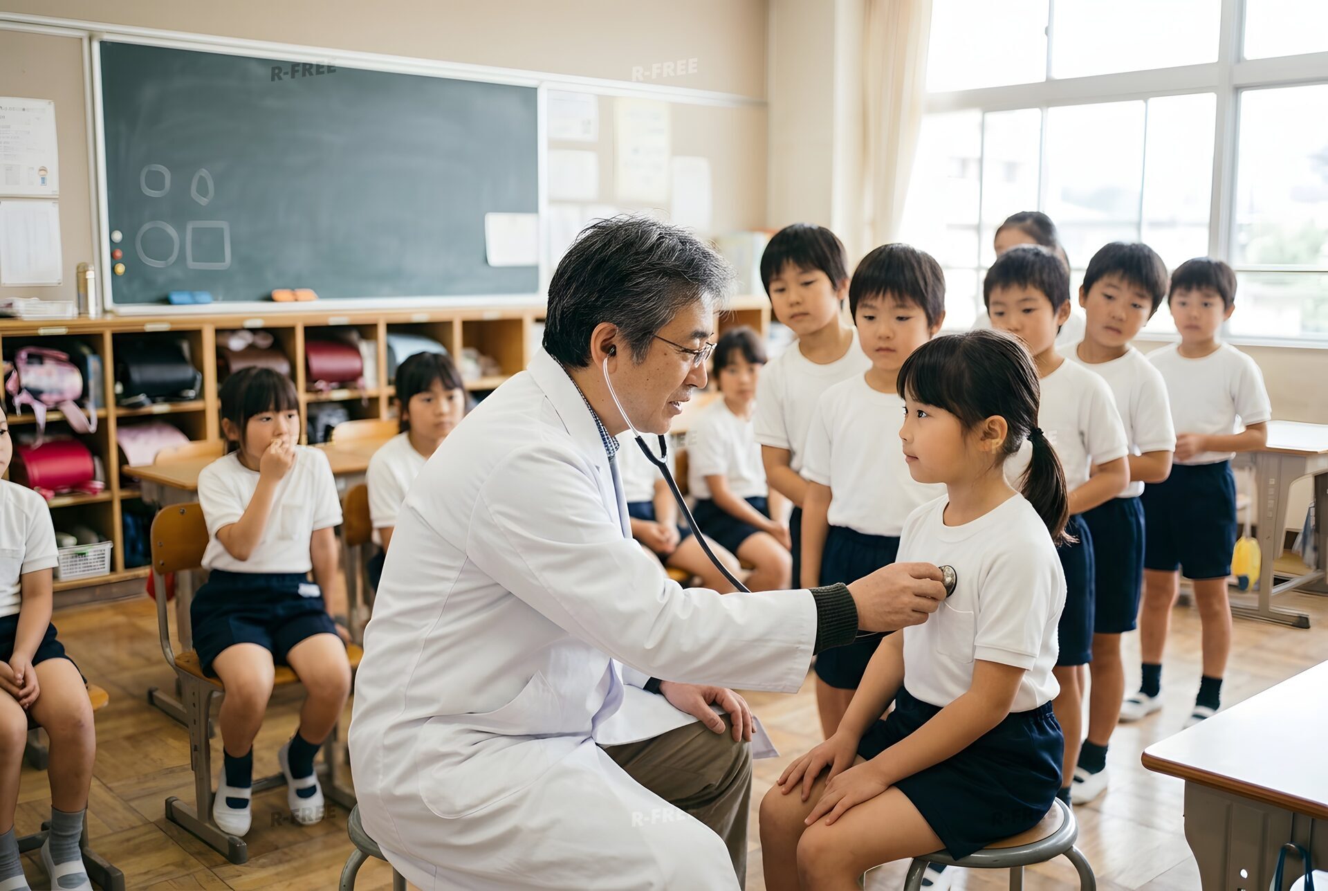 聴診器で健康診断をする学校医