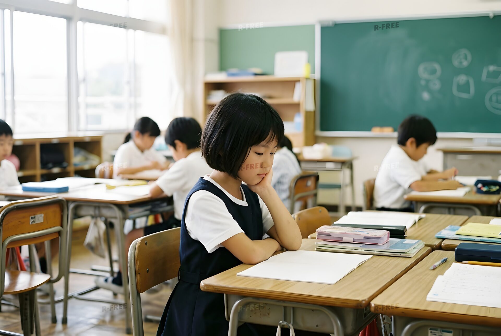 考えこむ道徳の授業中の女の子