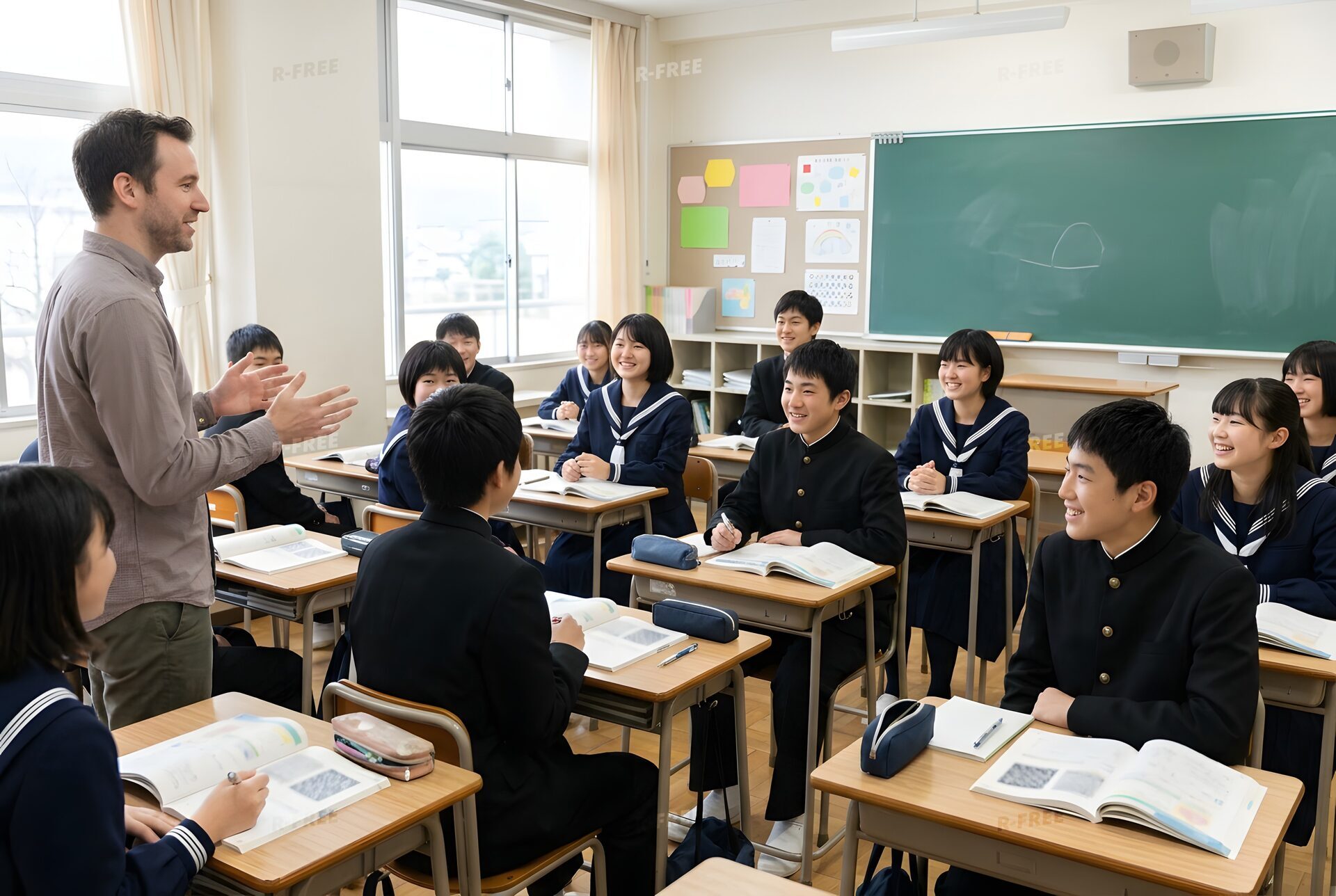 外国人の先生と英語を話す中学生たち
