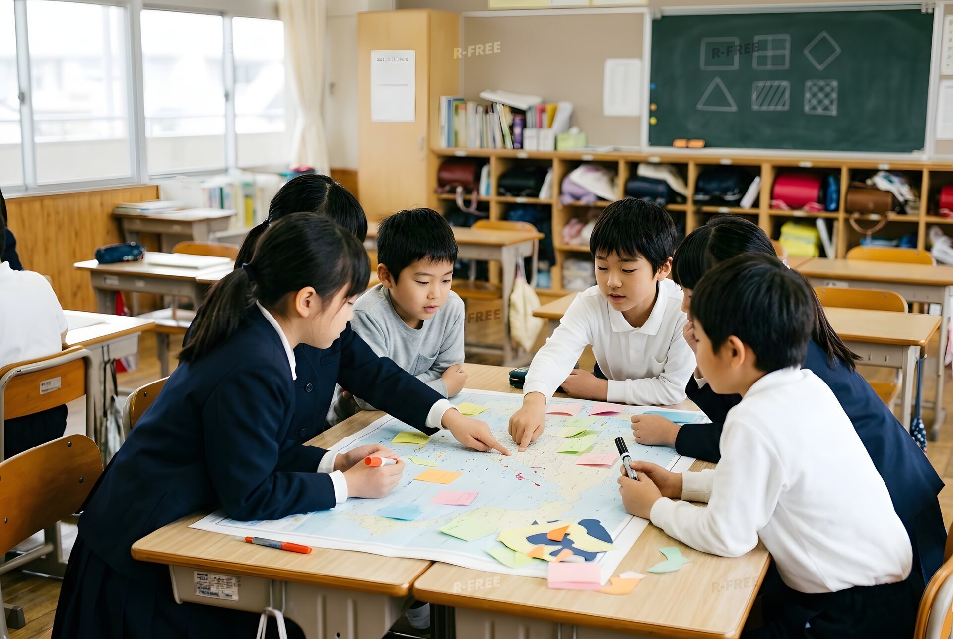地図を囲んで調べ学習をする小学生たち