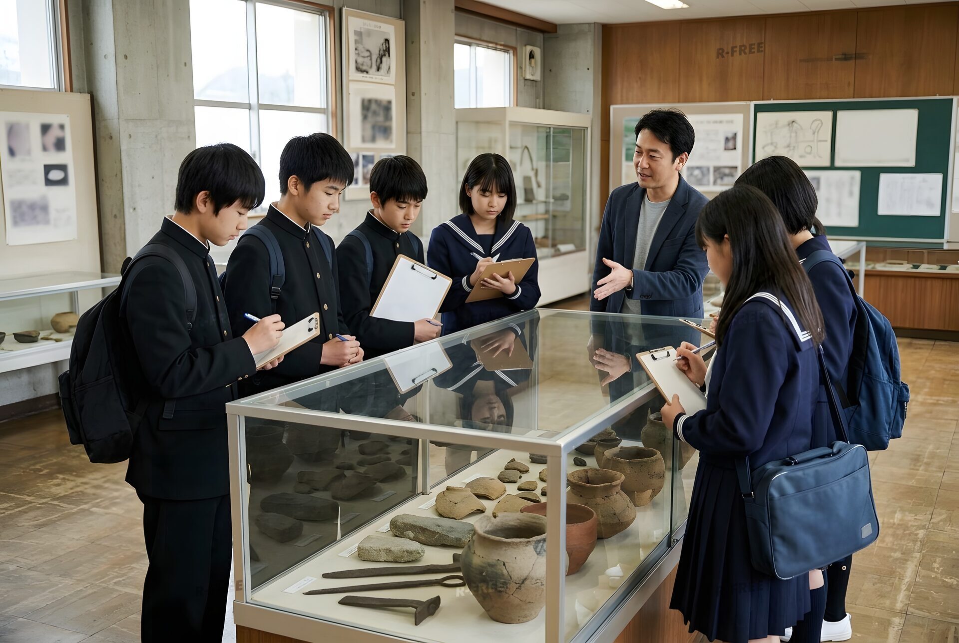 歴史資料館で展示を見る中学生たち