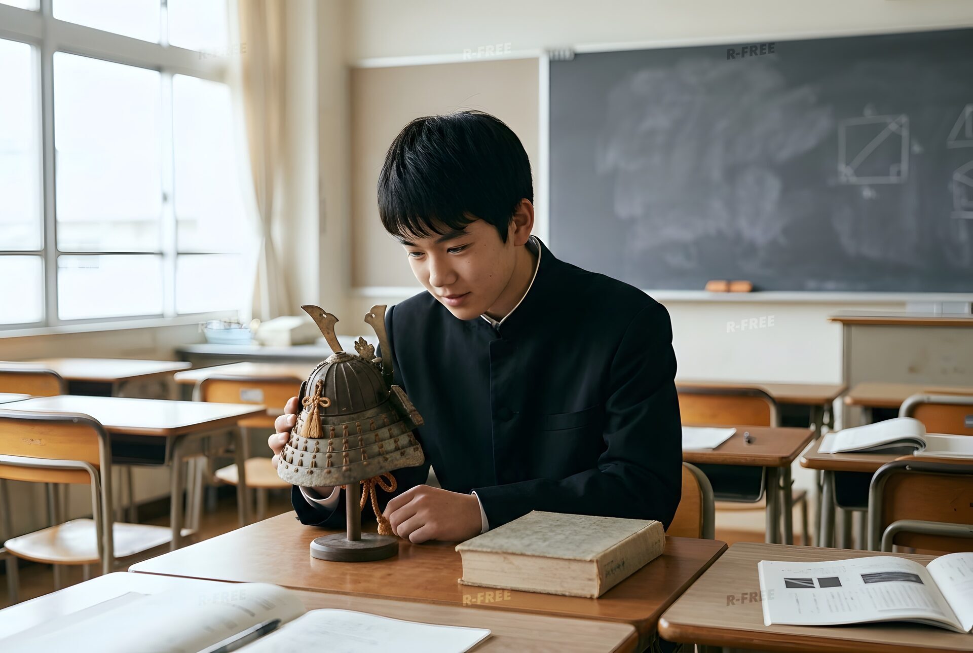 兜の模型を見る日本史の授業