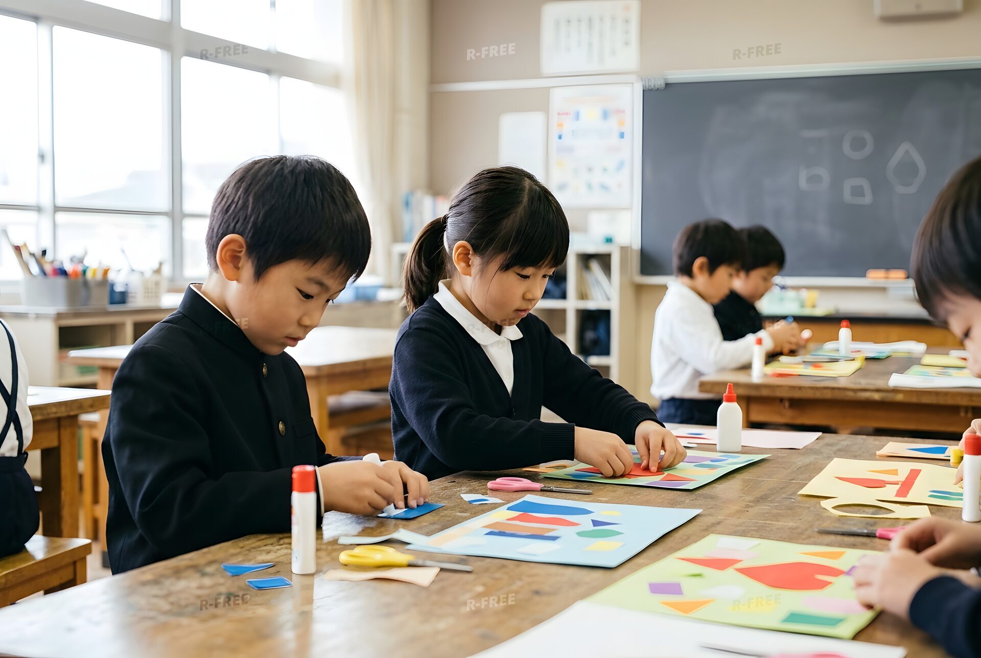 共同で工作をする小学生たち