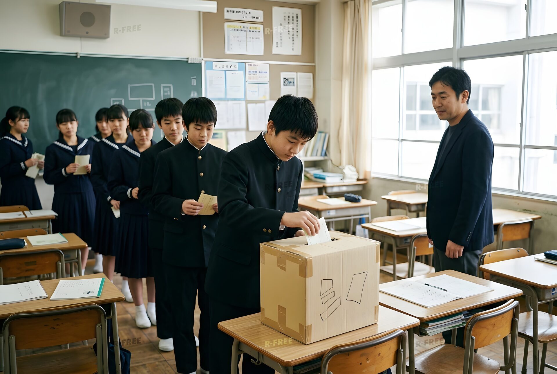模擬投票をする中学生たち