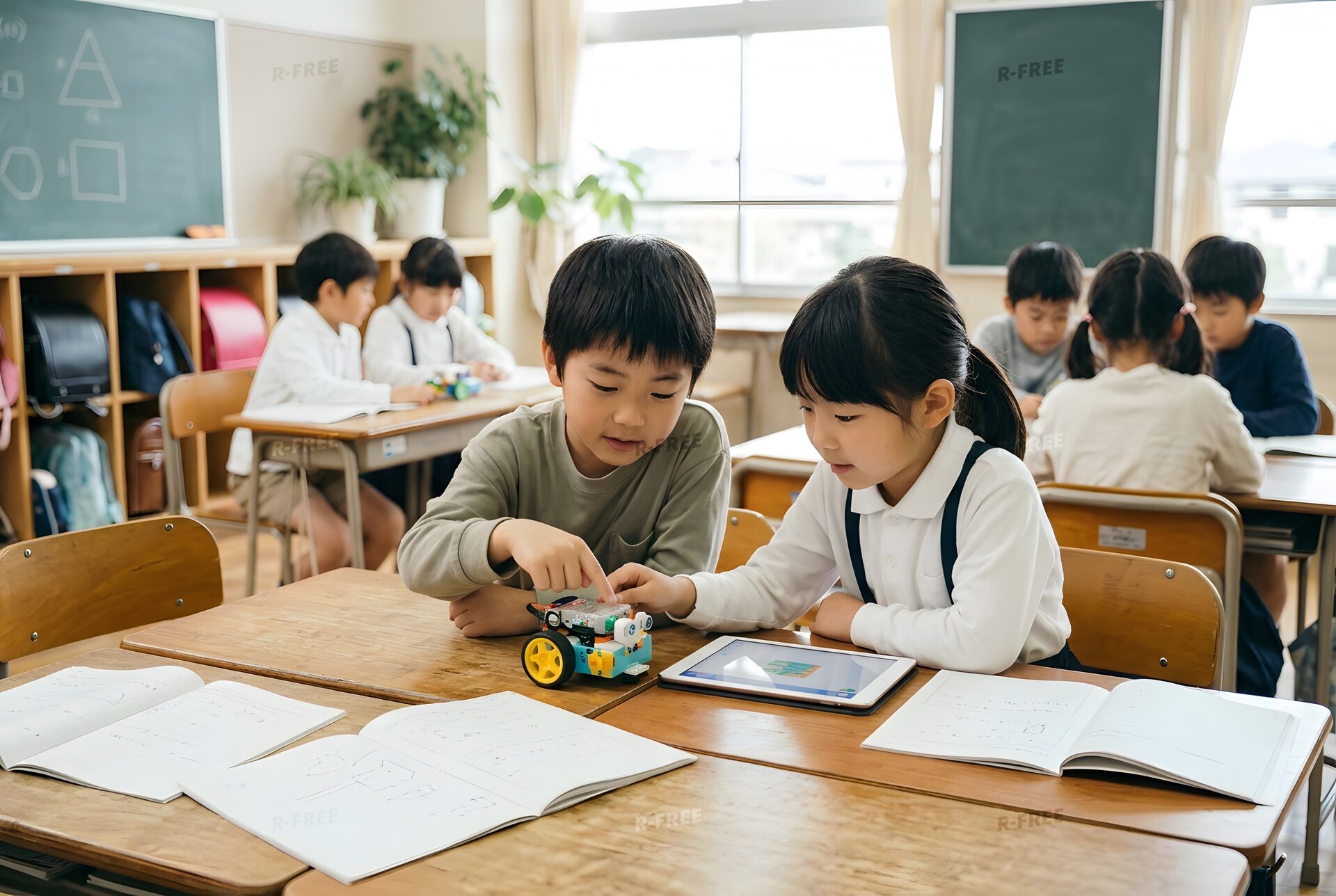 タブレットとロボットでプログラミングを学ぶ小学生