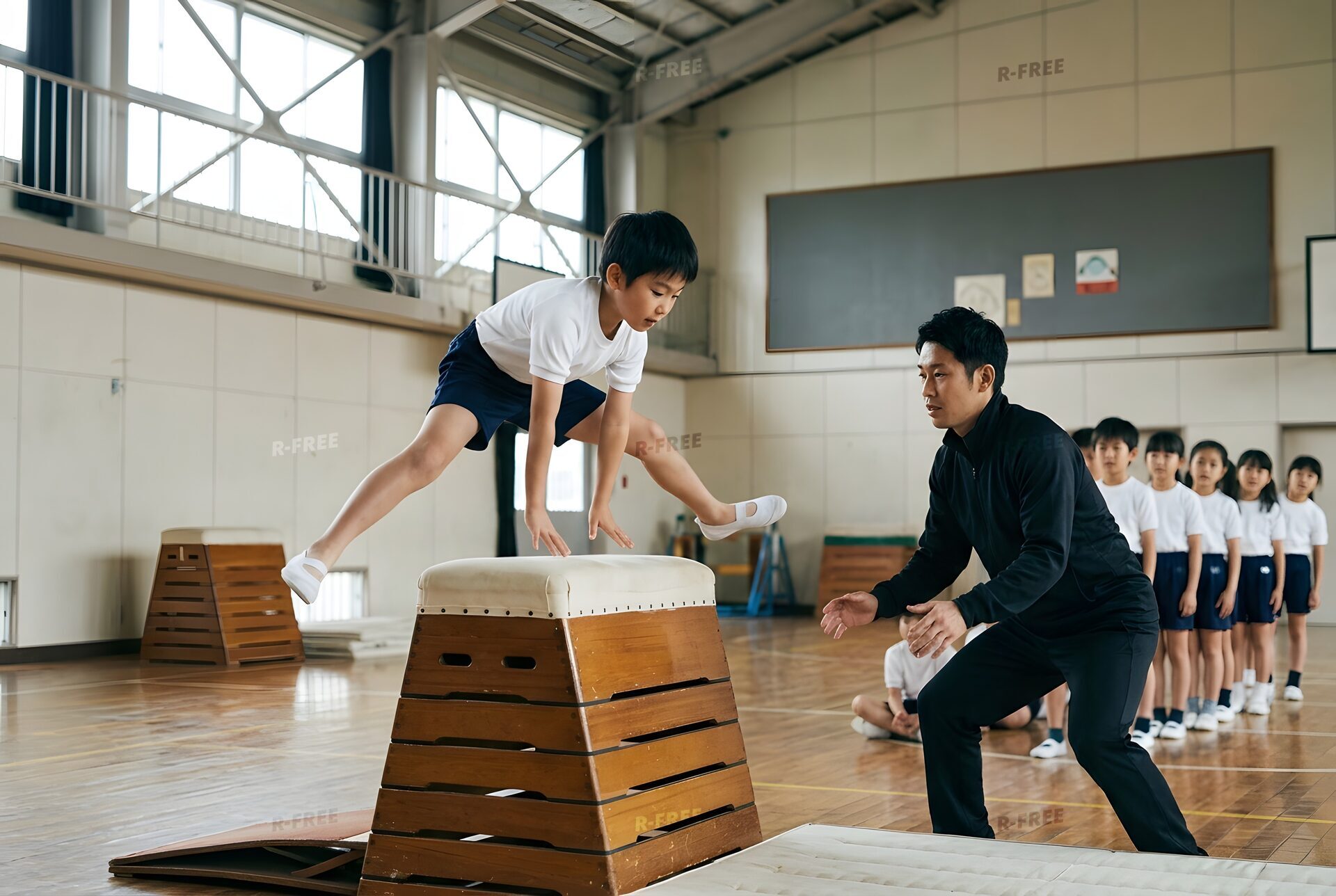 跳び箱を跳ぶ体育の授業