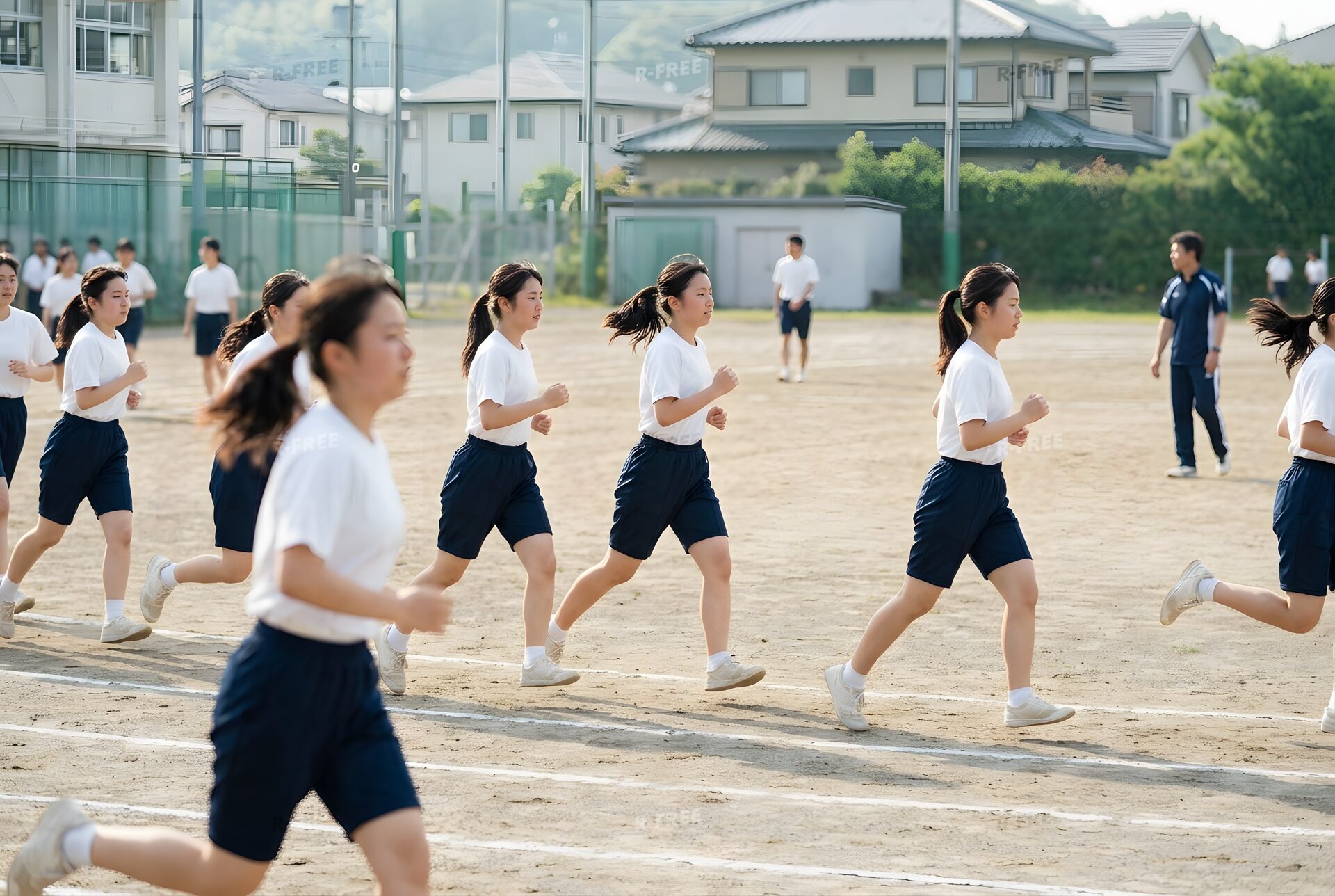 校庭を走る体育の授業の女子生徒たち