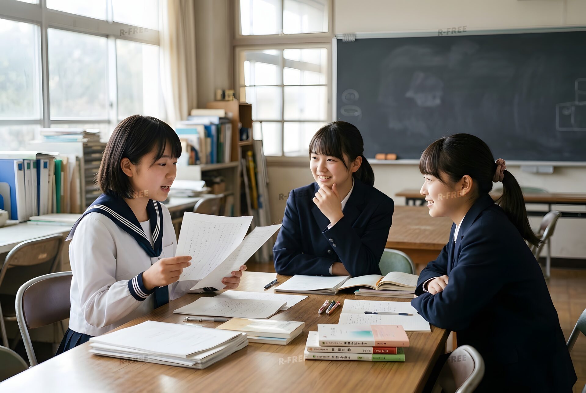 原稿を読み合う文芸部の生徒たち