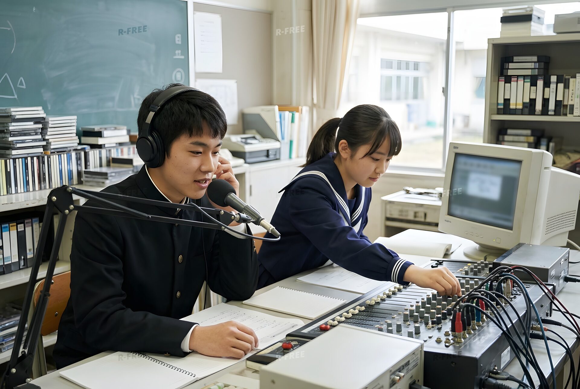 放送室でマイクに向かう放送部の生徒