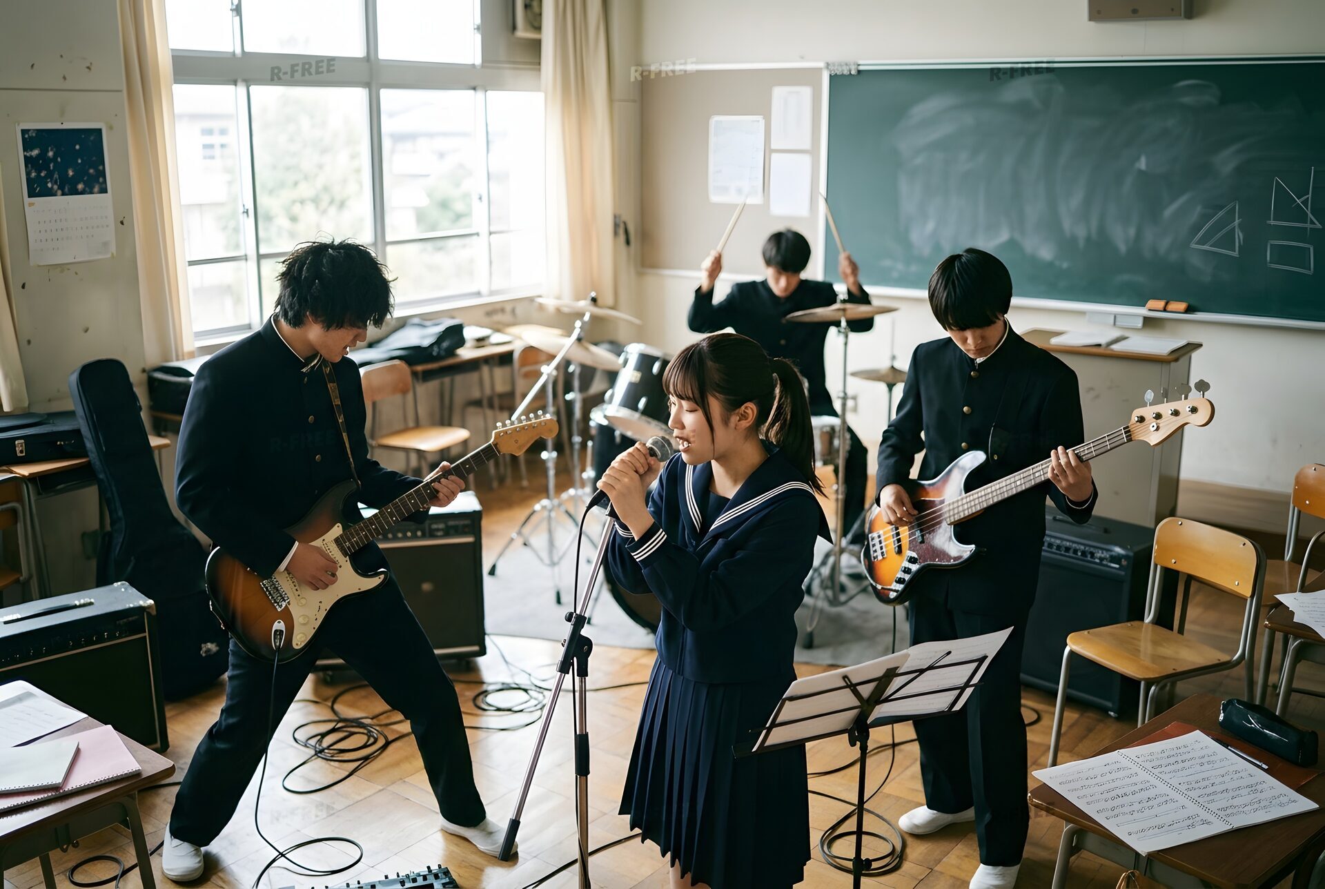 部室で演奏する軽音楽部のバンド