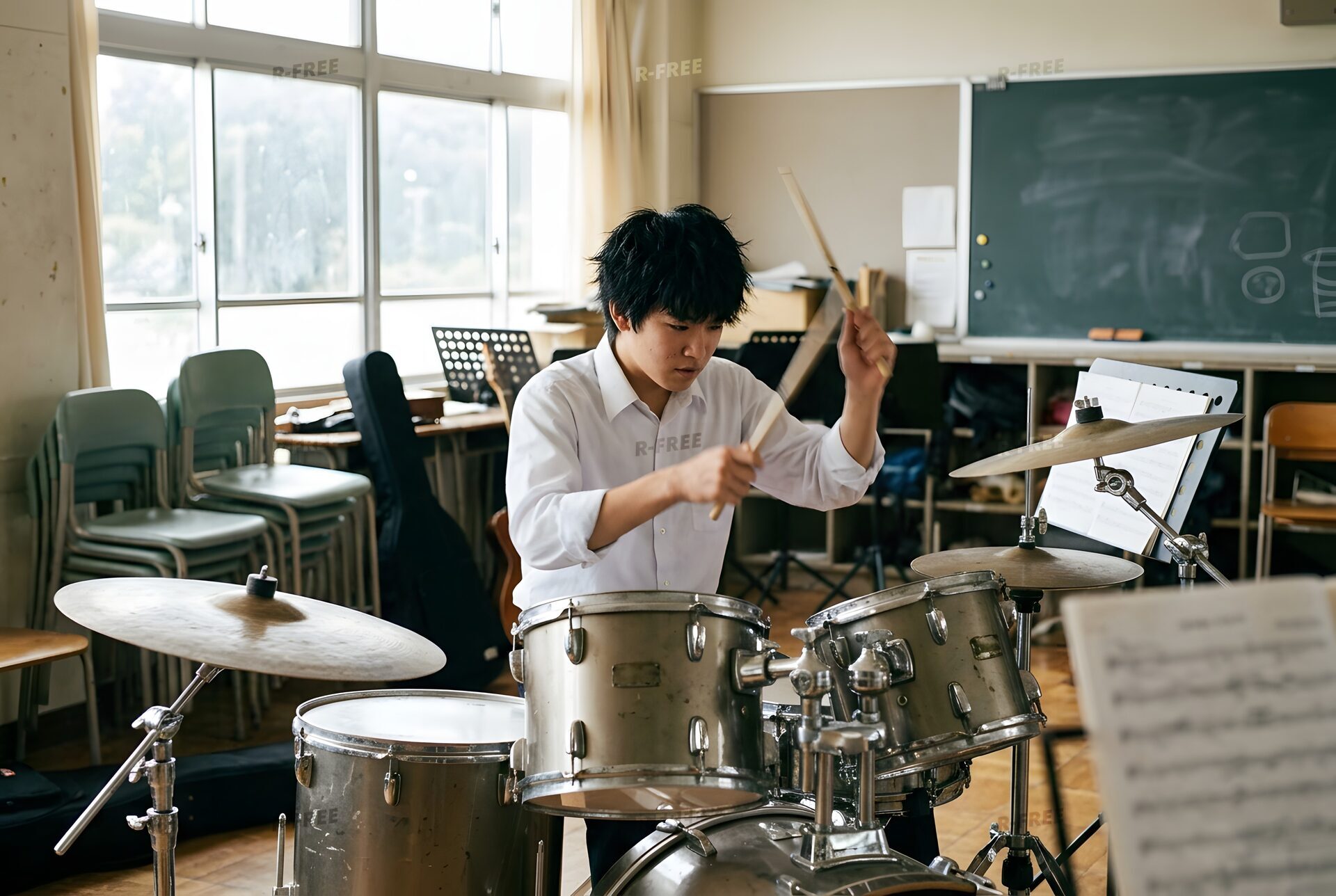 ドラムを叩く男子部員