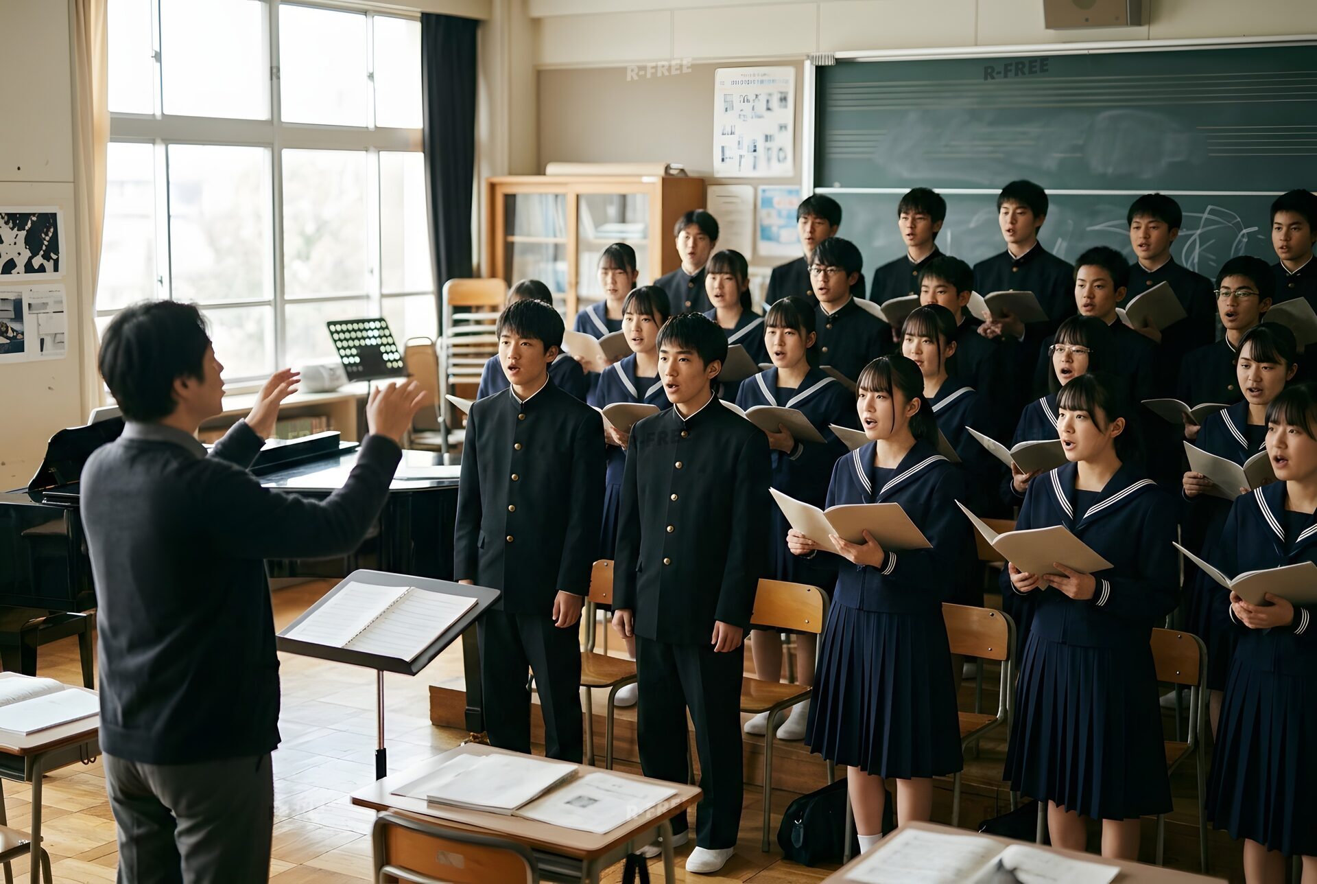 音楽室で歌う合唱部員たち