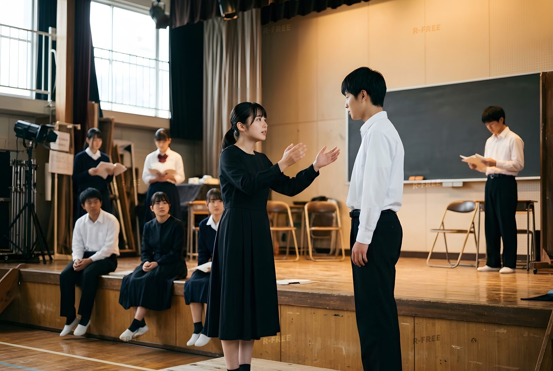 舞台で演じる演劇部員たち