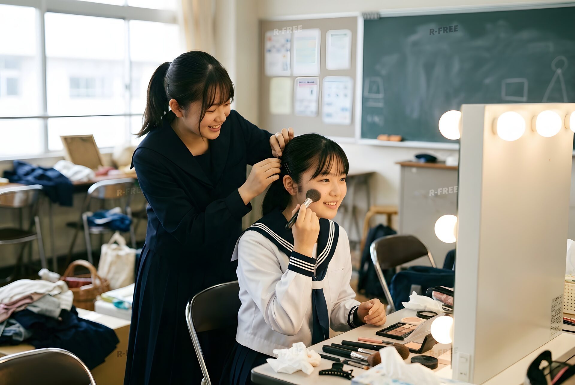 楽屋でメイクをする演劇部の女子部員