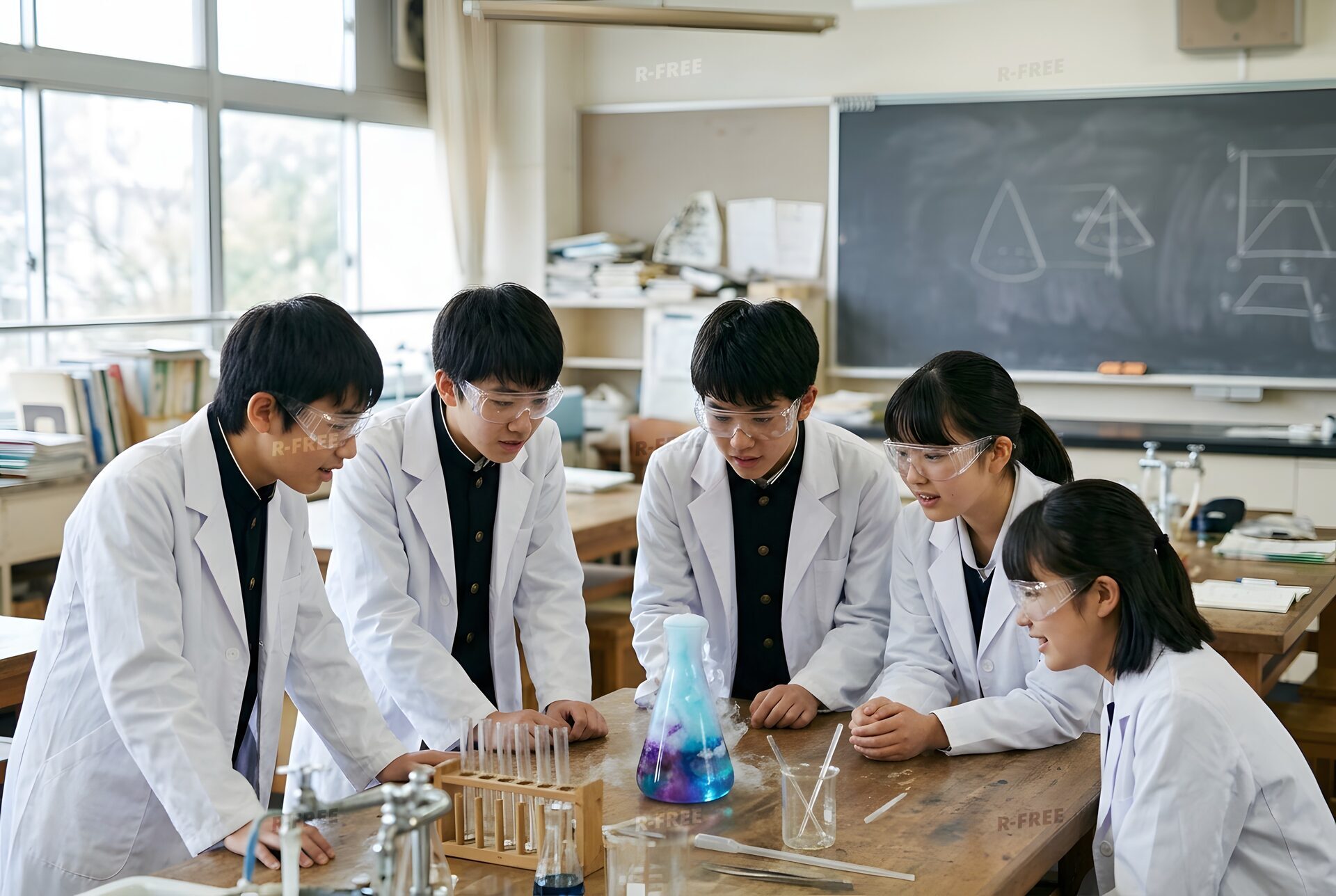 色の変化を見つめる科学部員たち