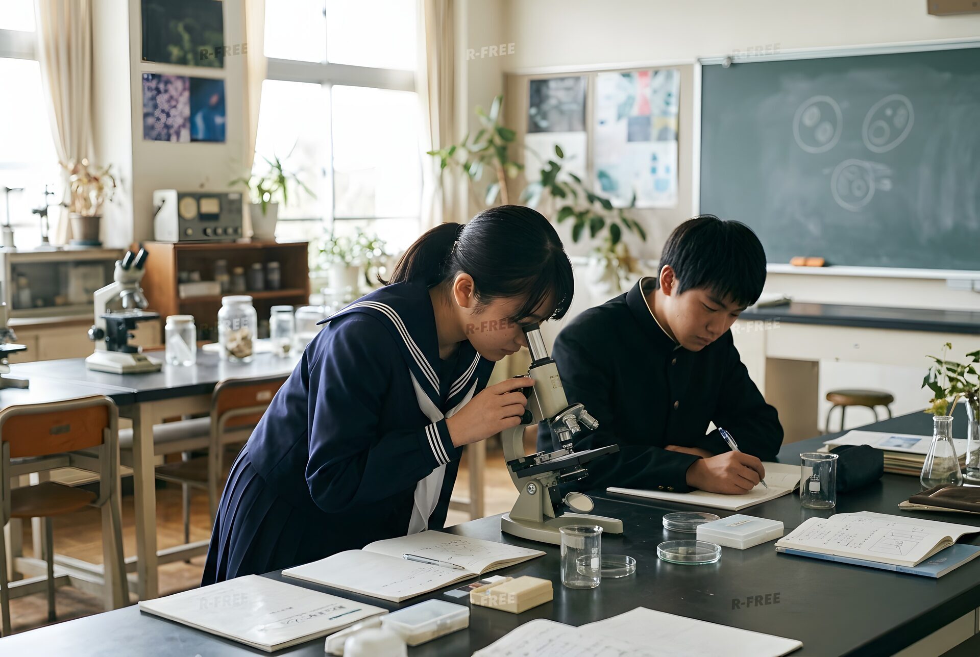 顕微鏡で観察する科学部の部員たち