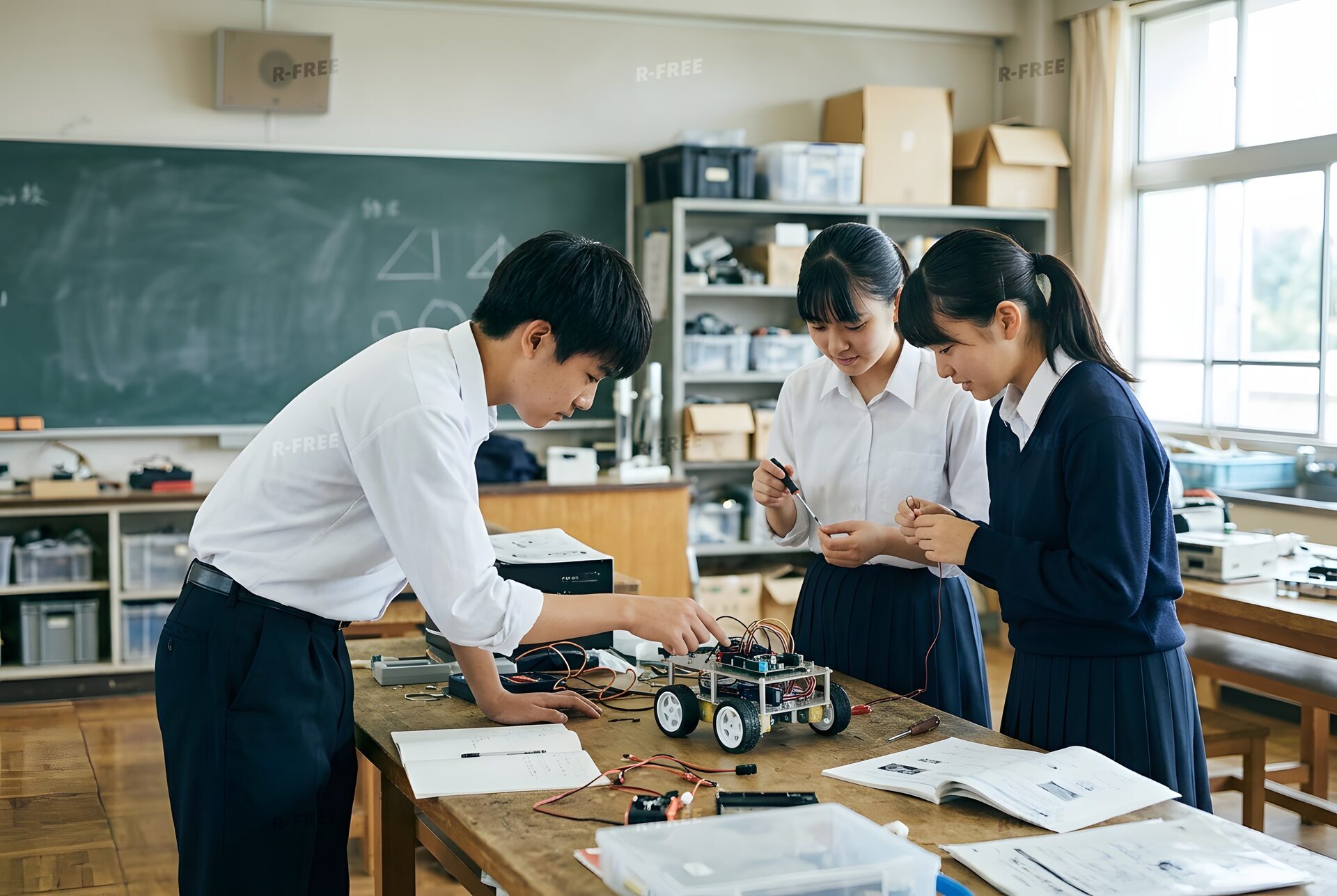 ロボットを組み立てる科学部員たち