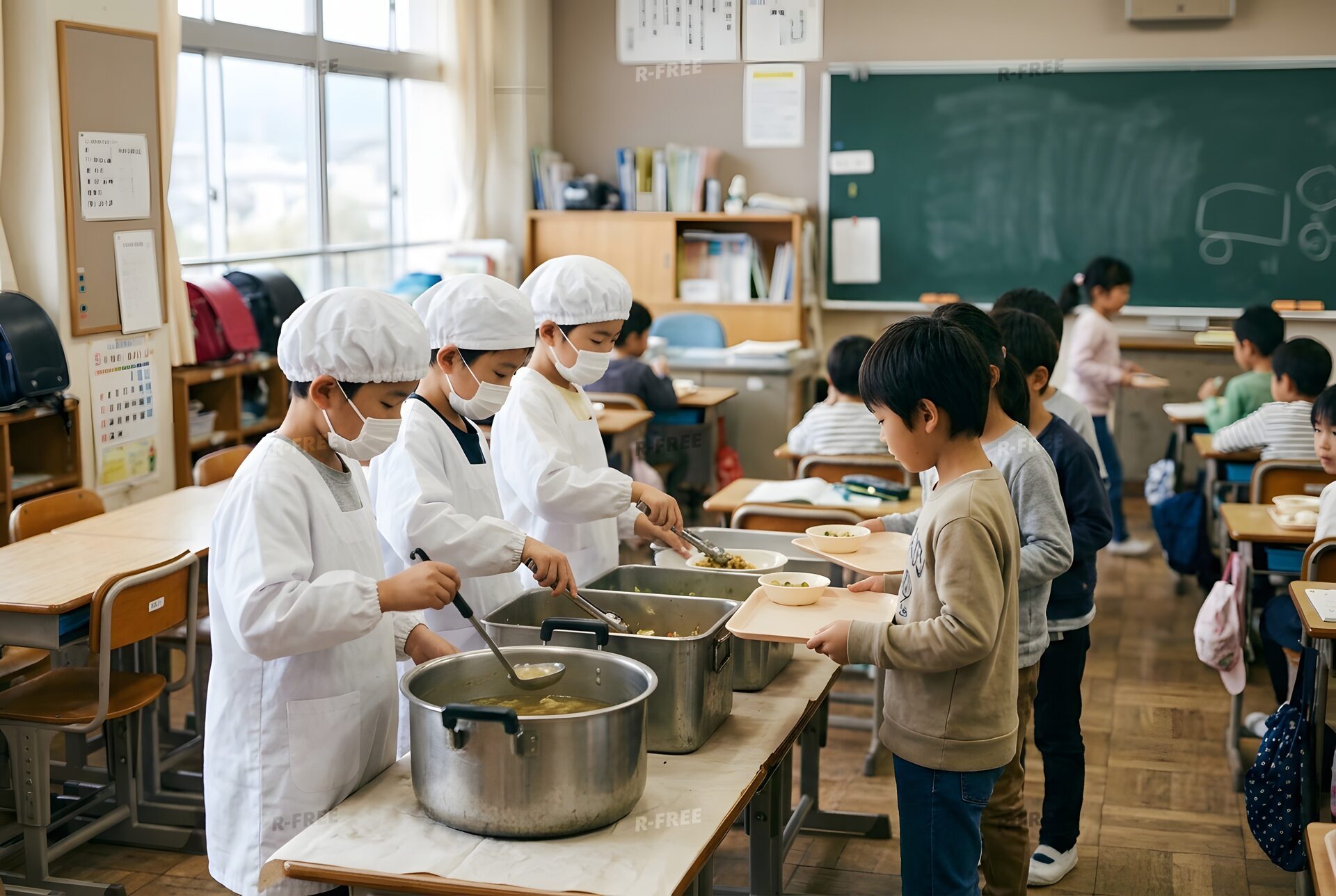 白衣と帽子で配膳する給食当番の子どもたち